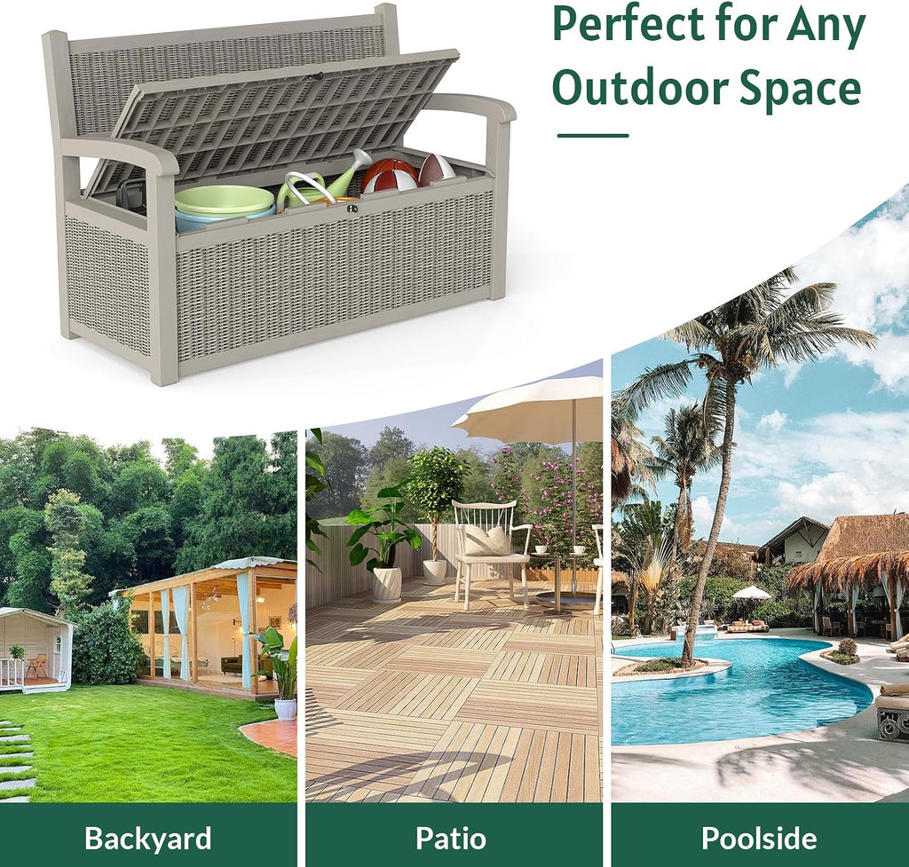 Skepphlay 70 Gallon Storage Bench Deck Box,Patio Storage Benches with Armrest, Lockable Bench Outside, Waterproof for Pool Patio Garden (Grey)