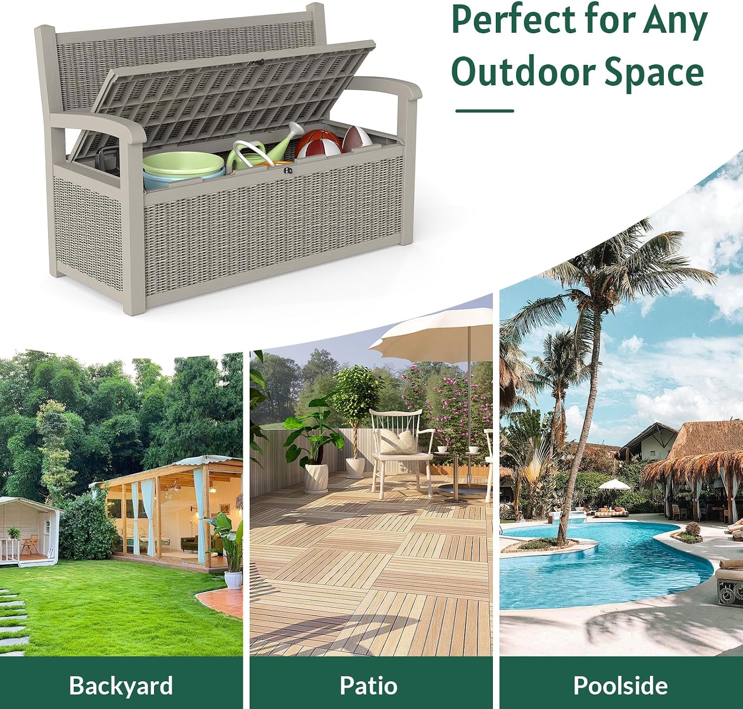 Skepphlay 70 Gallon Storage Bench Deck Box,Patio Storage Benches with Armrest, Lockable Bench Outside, Waterproof for Pool Patio Garden (Grey)