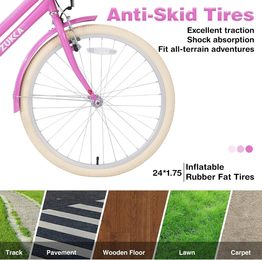 MEGHNA Cruiser Bike 24inch Wheels Girls Women Bike Single Speed Commuter Bike V-Brake and Coast Brake Women Ladys Bicycle, Multicolors