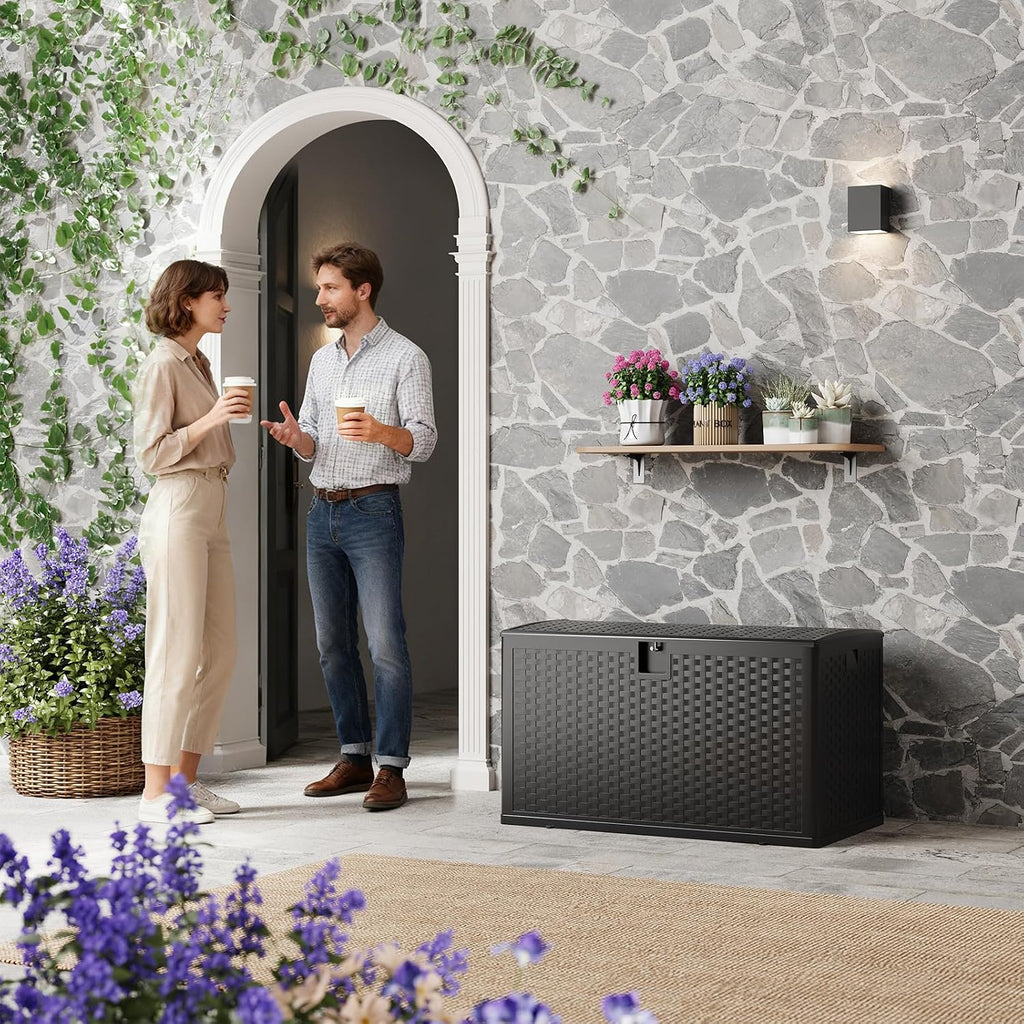 Garvee 120 gallon Waterproof Outdoor Storage Box, Lockable Plastic Deck Box with Lid, Patio Storage Bin for Pool, Garden Tools, Backyard, Porch, All-Weather Protection, Black