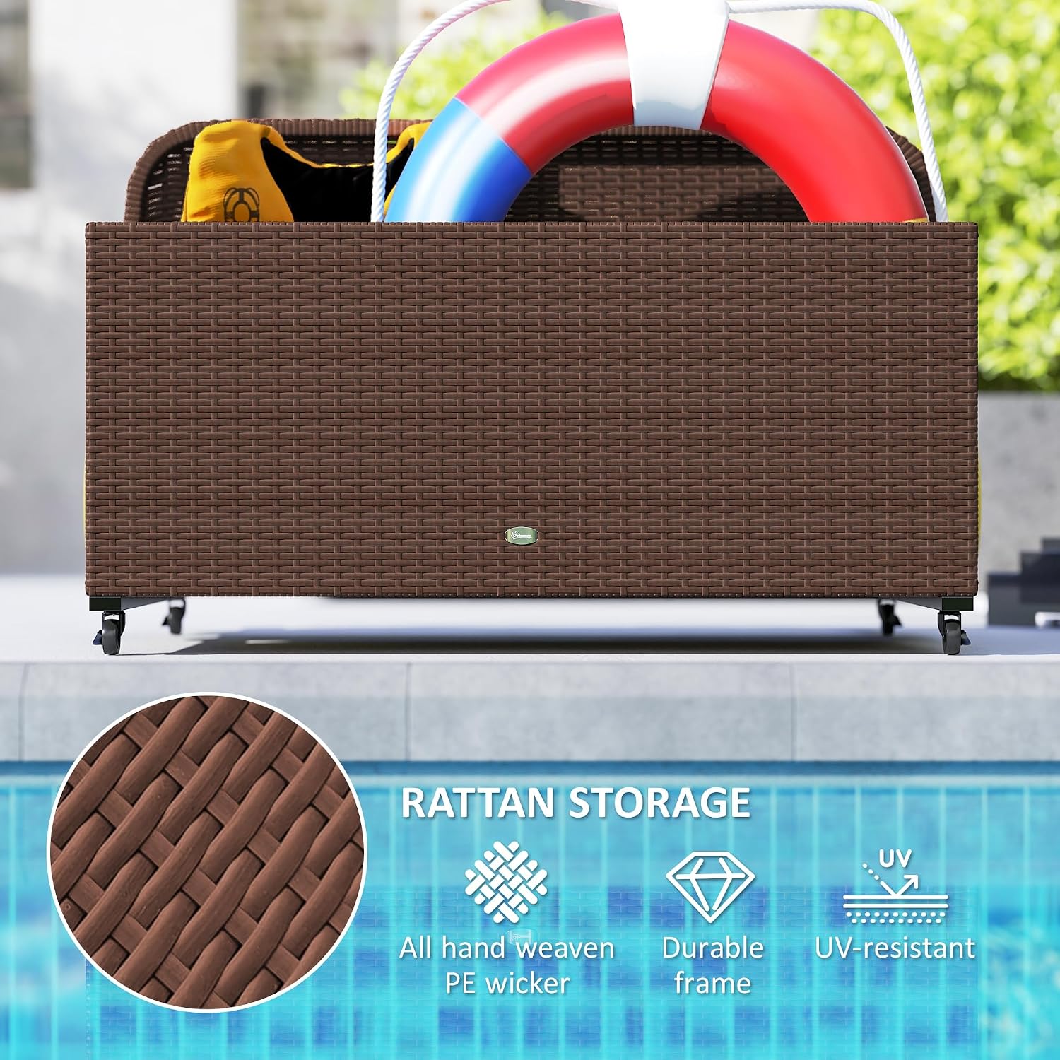 Outsunny Wicker Patio Pool Float Storage Basket, PE Rattan Outdoor Pool Caddy with Rolling Wheels for Floaties, Noodles, Life Vests, Beach Balls, Garden Furniture, Brown