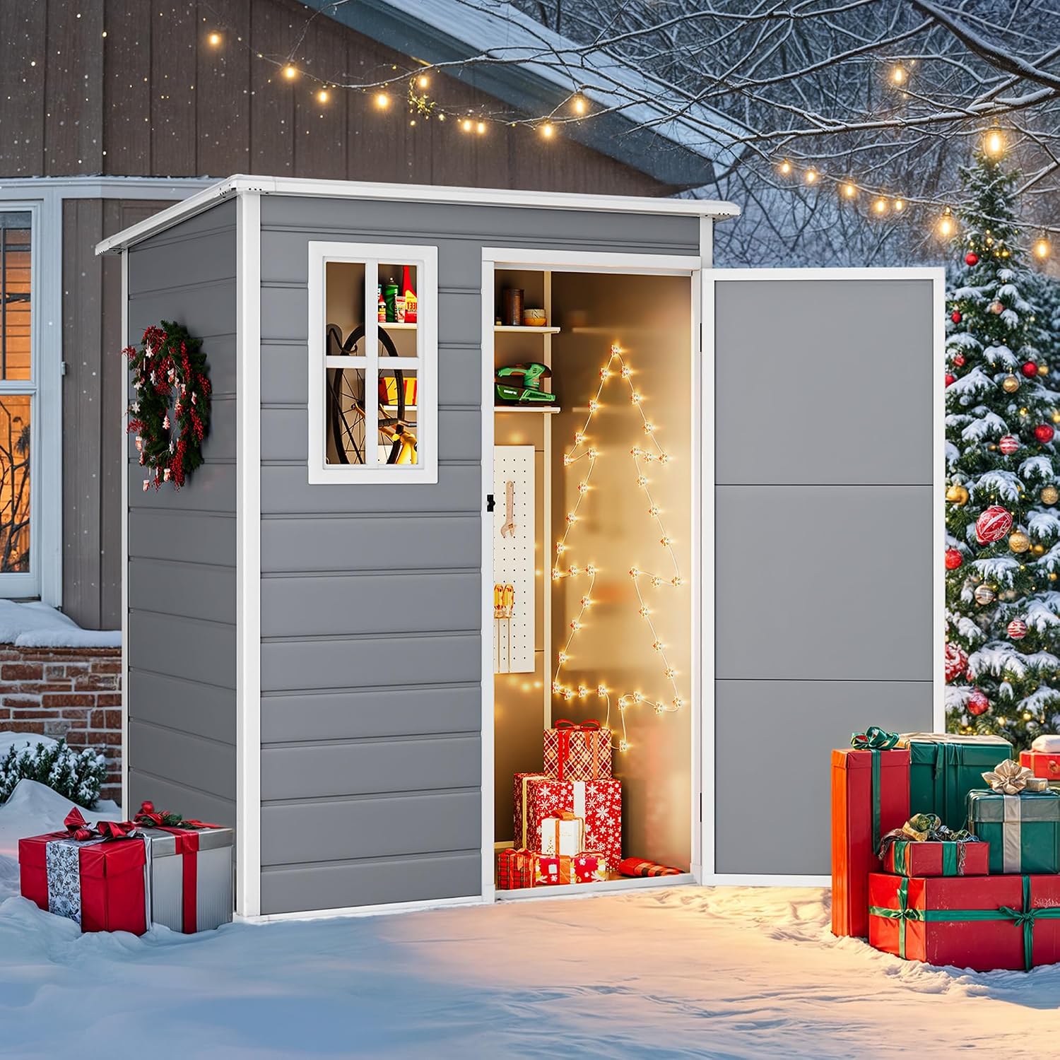 DWVO 5x3 FT Outdoor Storage Shed with Reinforced Floor, All-Weather Resin Storage Shed with Lockable Door & Window, Waterproof Plastic Tool Storage for Garden, Backyard, Patio, Lawn, Gray