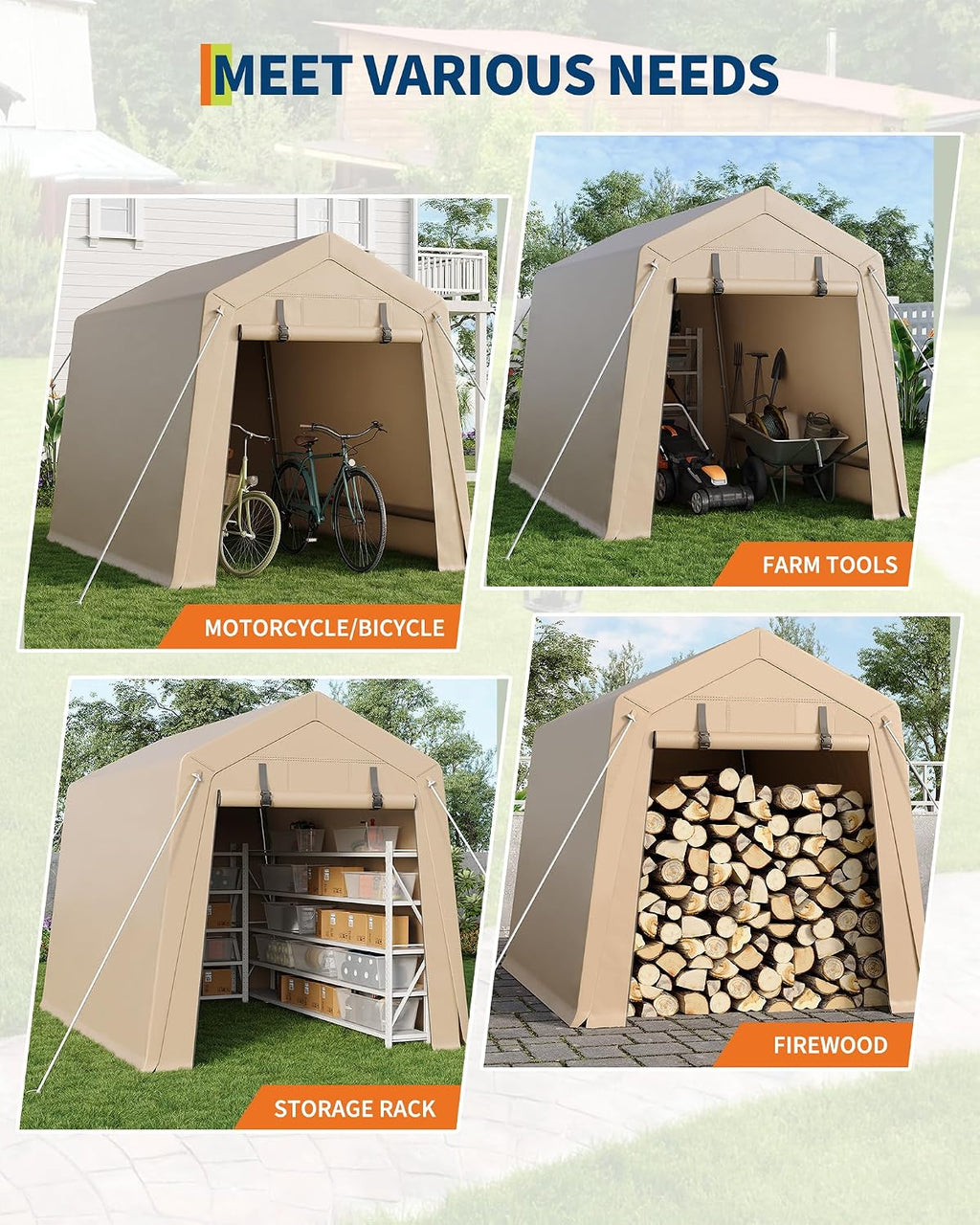 GarveeHome 6x6 FT Portable Outdoor Storage Shed with Roll-Up Zipper Door & Vent, 240G Heavy-Duty Shelter Waterproof PE Tarp, UV-Resistant Carport for Motorcycle, Firewood, Tools -Gray (Khaki, 6x8)