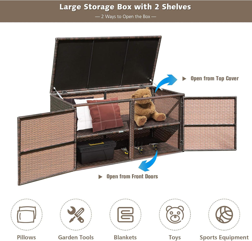 Giantex Rattan Deck Box 73 Gallon Wicker Storage Box W/Separate Storage Shelf, Openable Door, Steel Frame, Toys and Tools Organize for Yard, Garden, Balcony, Porch, Patio Rattan Storage Box (Brown)