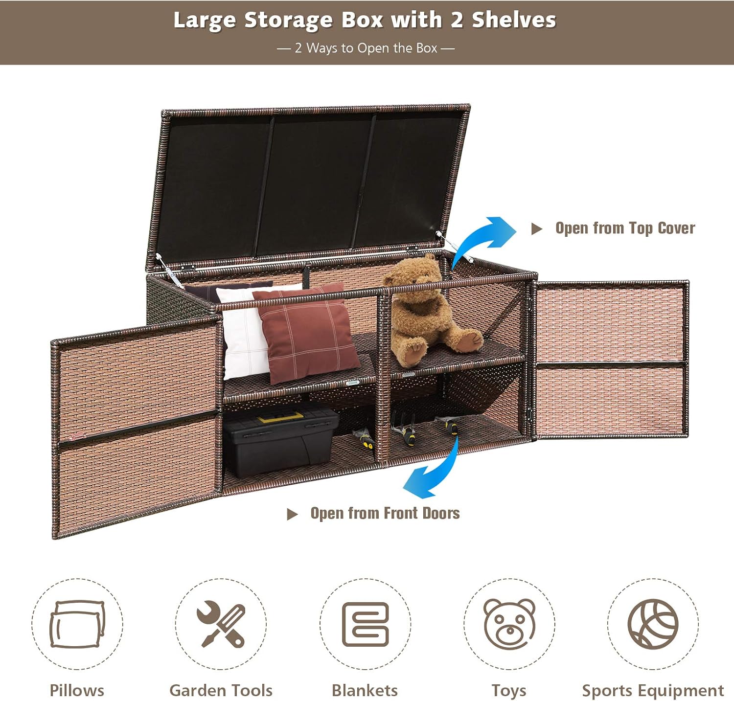 Giantex Rattan Deck Box 73 Gallon Wicker Storage Box W/Separate Storage Shelf, Openable Door, Steel Frame, Toys and Tools Organize for Yard, Garden, Balcony, Porch, Patio Rattan Storage Box (Brown)