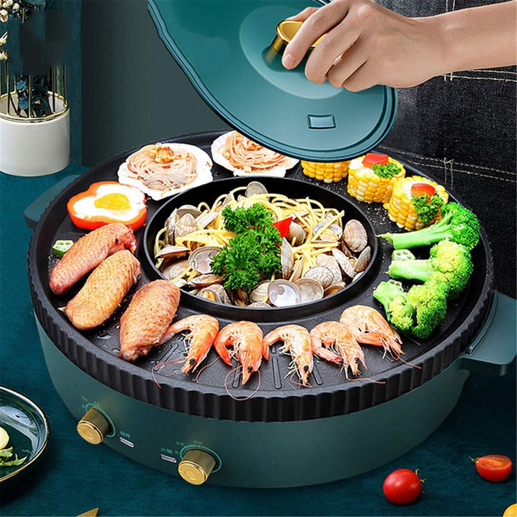 Smokeless Electric Barbecue Grill Machine,Hotpot Oven BBQ Griddle Multi Cooker Non-Stick Baking Flat Pan Plate Shabu Pot,Electric Indoor And Outdoor Korean BBQ Smokeless Grill Non-Stick Pan