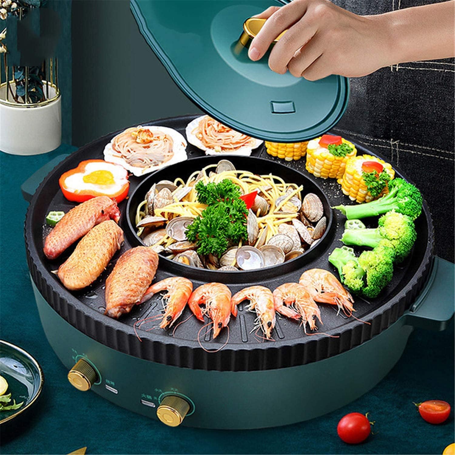 Smokeless Electric Barbecue Grill Machine,Hotpot Oven BBQ Griddle Multi Cooker Non-Stick Baking Flat Pan Plate Shabu Pot,Electric Indoor And Outdoor Korean BBQ Smokeless Grill Non-Stick Pan