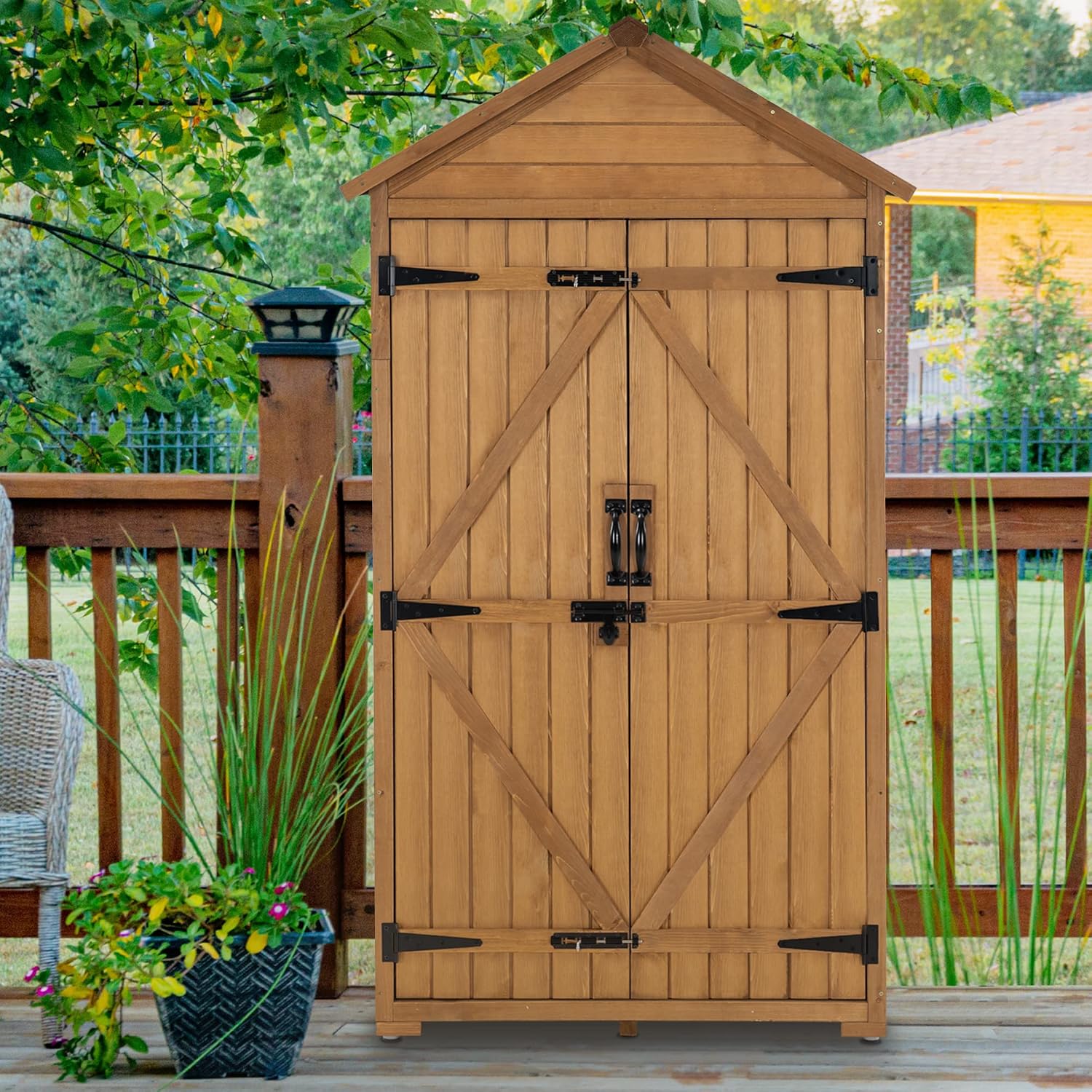 MCombo Outdoor Storage Cabinet with 2 Shelves, Outside Storage Shed with Floor, Wooden Garden Tool Shed with Latch for Yard Deck Lawn, 1000