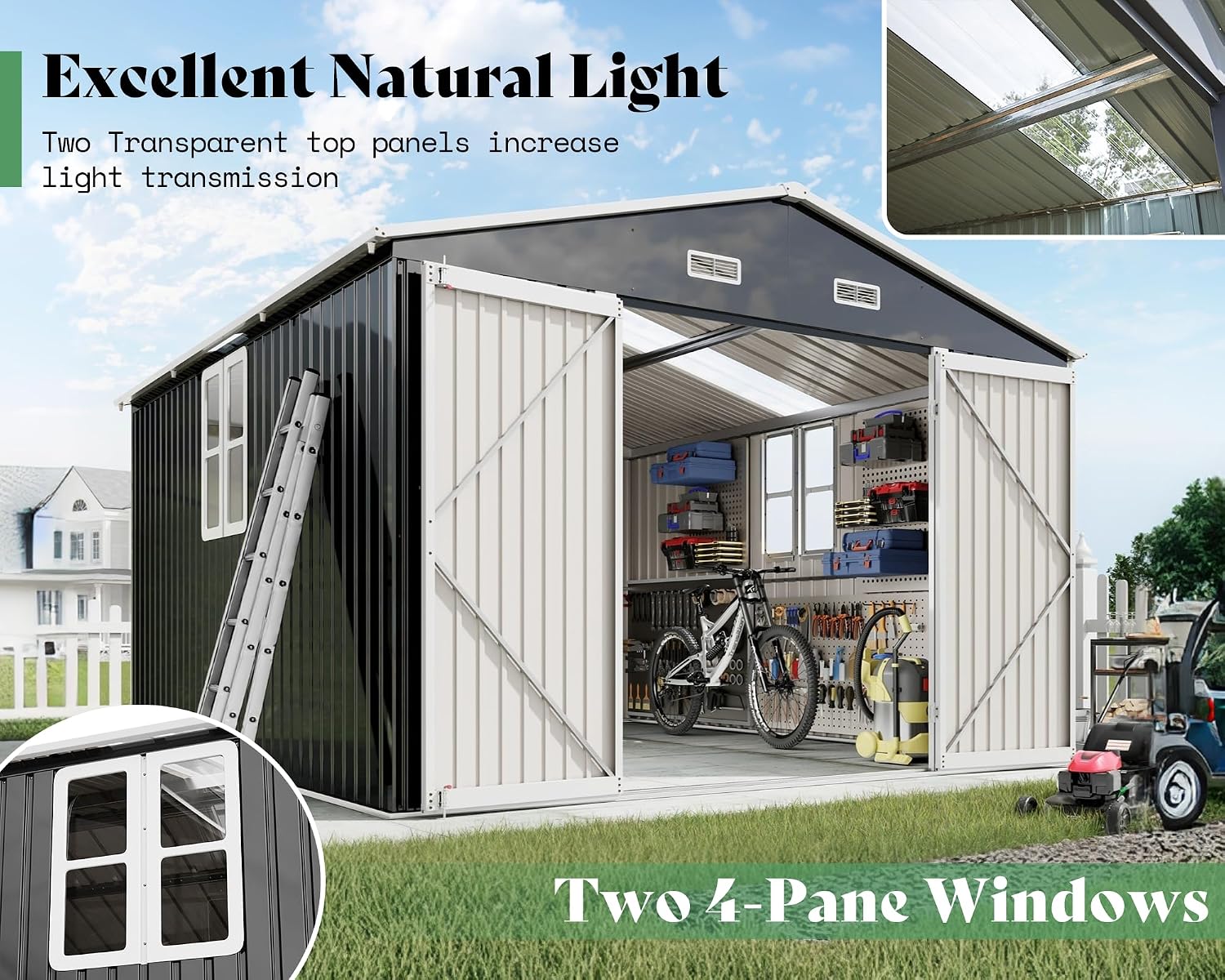 AMERLIFE 10x12x7 FT Outdoor Storage Shed with 2 Transparent Panels, Metal Garden Shed with Hinged Double Doors, 2 Windows & 4 Vents, Reinforced Steel Frame for Garden, Backyard, Dark Gray