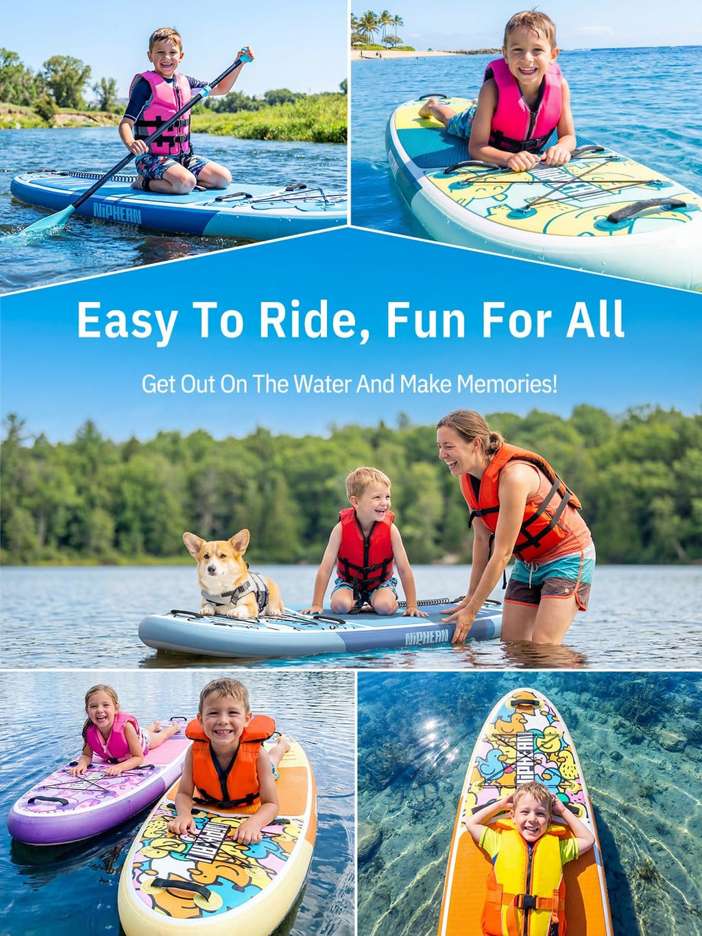 Niphean (Extra Large) Inflatable Paddle Board, SUP for 2+1 People/Family 500lbs Capacity Stand Up Paddle Board with SUP Accessories, StabilTrac Fin Non-Slip Paddleboard for Adults