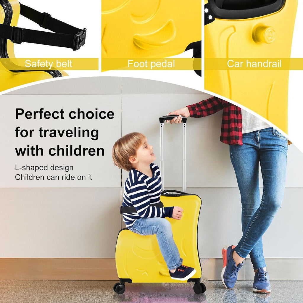 24 Inch Kid Ride Suitcase, Kid Luggage Seat Ride With Lock - Kids Travel Trolley With Safety Belt, Kids Luggage With Wheels Child Stroller Spinner Luggages, ABS+PC (Yellow, 6-12 Years)