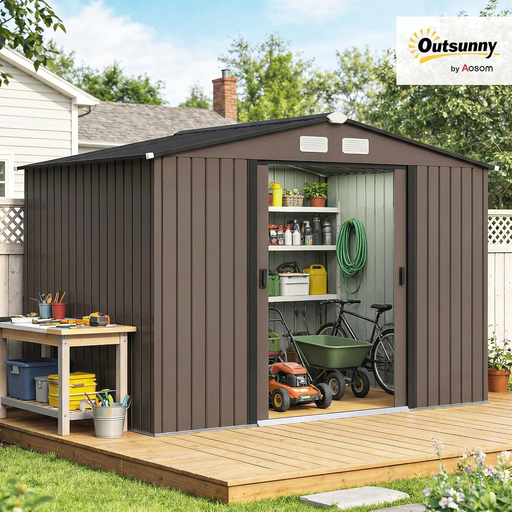 Outsunny 9' x 6' Outdoor Storage Shed, Garden Tool Metal Shed with Foundation Kit, Double Lockable Door, Air Vents and Sloping Roof, for Backyard, Patio, Lawn, Brown