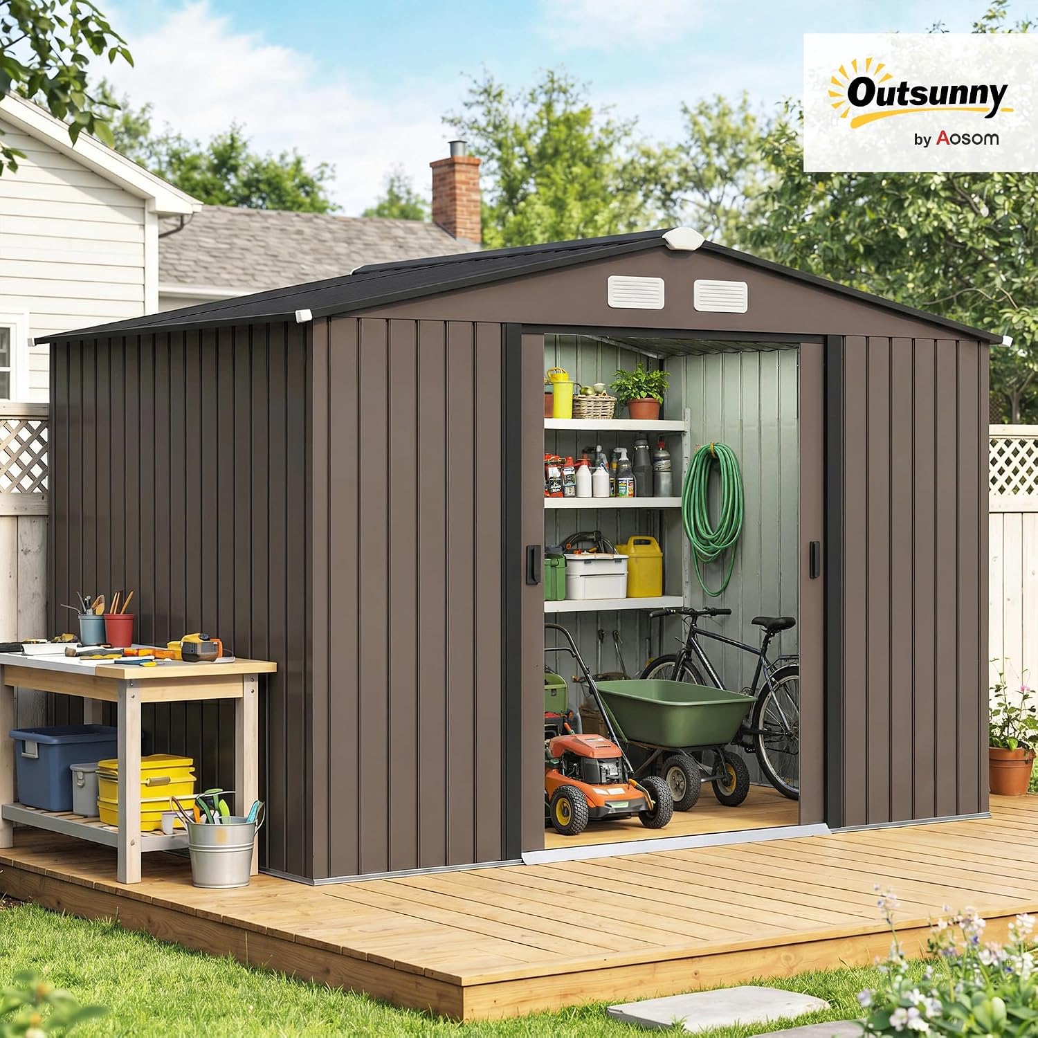 Outsunny 9' x 6' Outdoor Storage Shed, Garden Tool Metal Shed with Foundation Kit, Double Lockable Door, Air Vents and Sloping Roof, for Backyard, Patio, Lawn, Brown