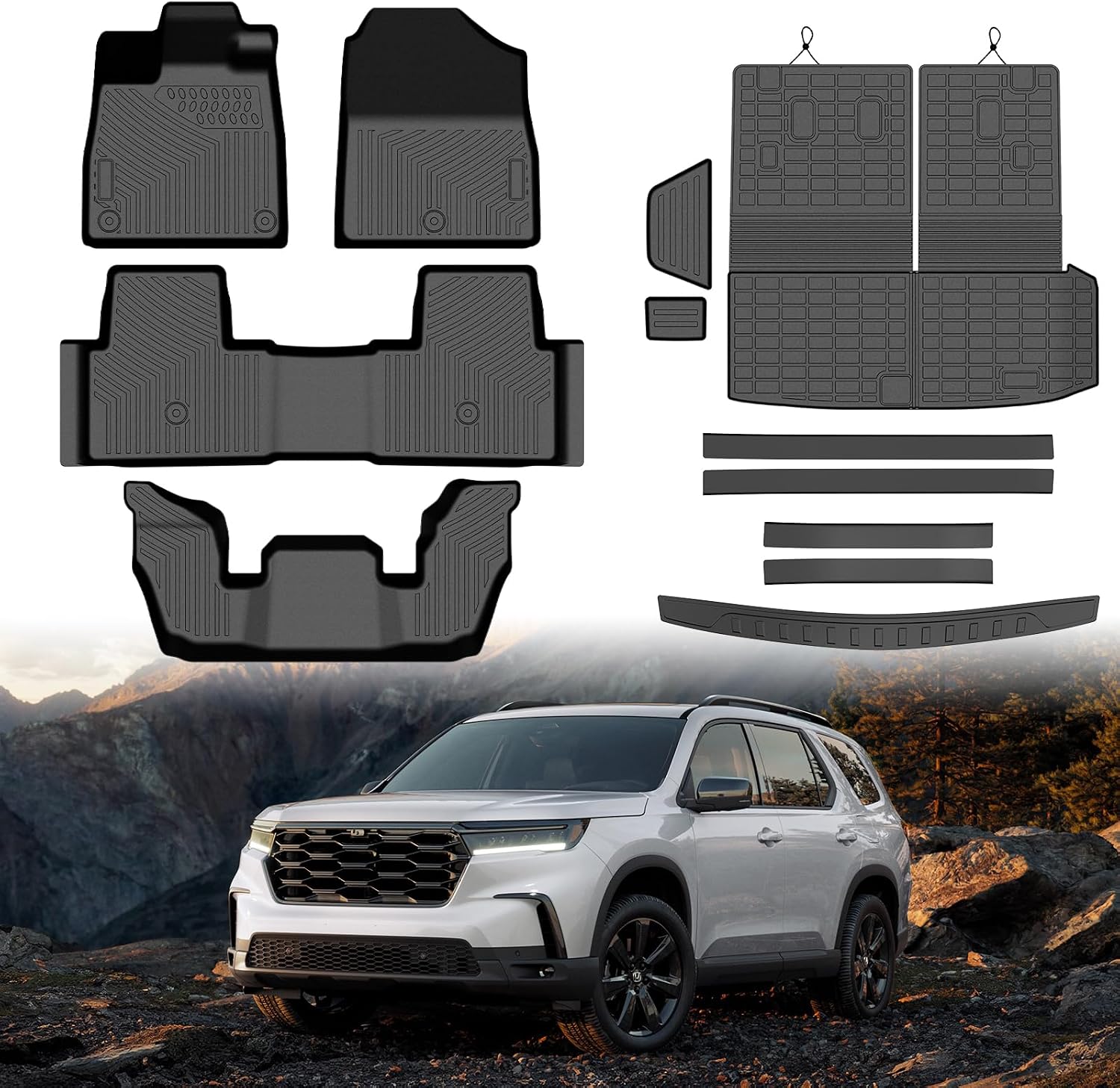Mixsuper Floor Mat & Cargo Liner for Honda Pilot 2023 2024 2025 2026,All Weather TPE Floor mat with Backrest and Door Sill Guards Pilot Accessories,Anti-Slip Floor Liners Set, Black