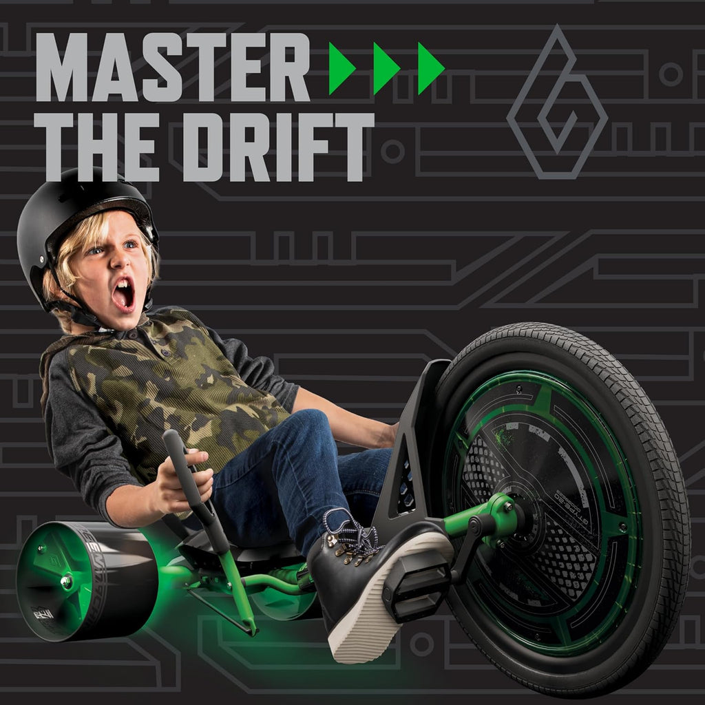 Huffy Green Machine 20 Inch Drift Trike, Sleek Ergonomic Design, Adjustable Seat, Durable Steel Frame, Easy to Operate, Drift Trike for Kids Ages 8+, LED Light Accents, Coaster Brake, Green and Black