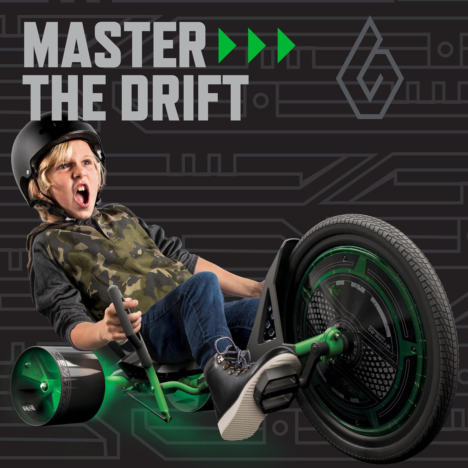Huffy Green Machine 20 Inch Drift Trike, Sleek Ergonomic Design, Adjustable Seat, Durable Steel Frame, Easy to Operate, Drift Trike for Kids Ages 8+, LED Light Accents, Coaster Brake, Green and Black