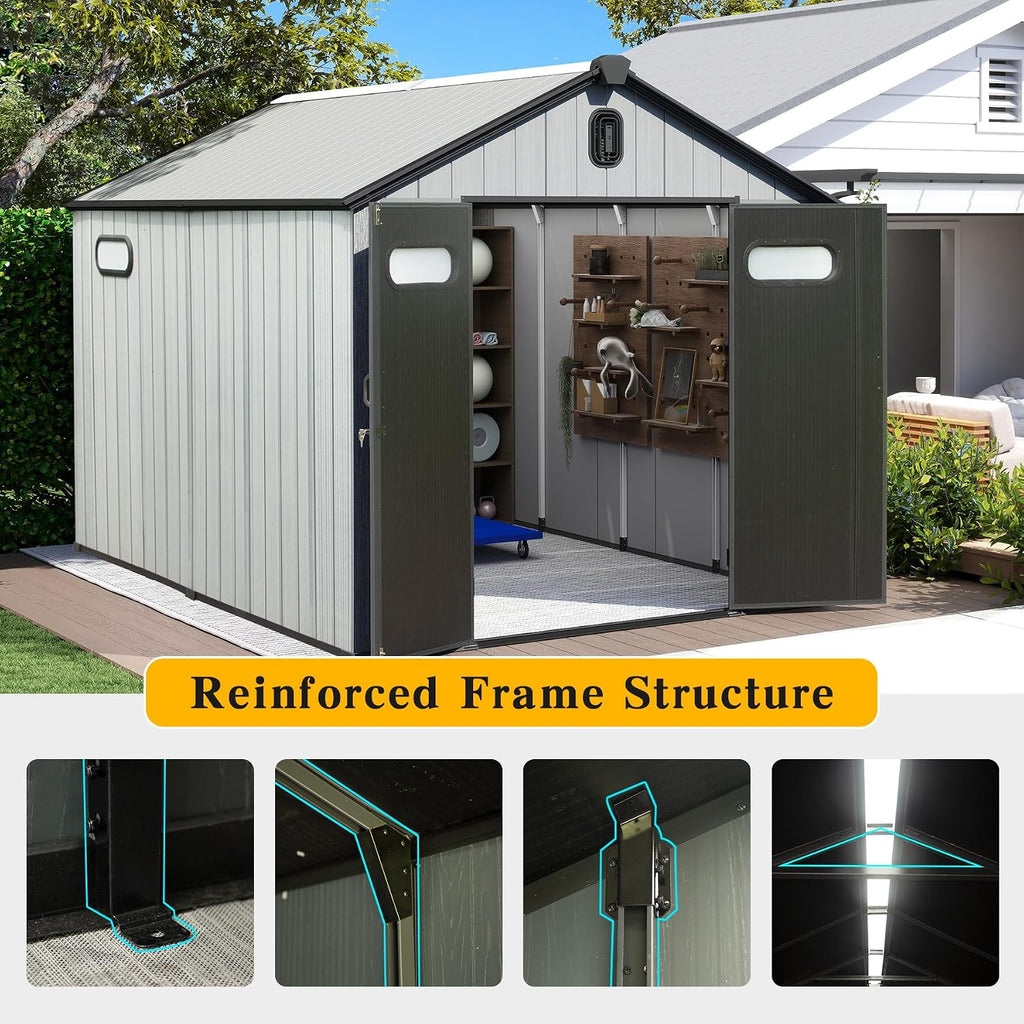 Domi 8' x12' Outdoor Resin Storage Shed with Lockable Door, Waterproof Outside Sheds with Windows & Vents, Heavy-Duty Plastic Tool Storage Shed for Patio Furniture, Lawn Mower, Bike