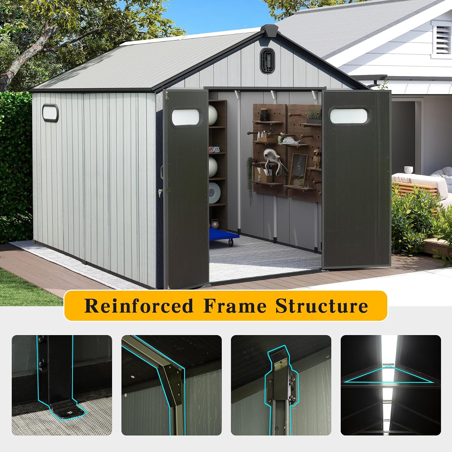 Domi 8' x12' Outdoor Resin Storage Shed with Lockable Door, Waterproof Outside Sheds with Windows & Vents, Heavy-Duty Plastic Tool Storage Shed for Patio Furniture, Lawn Mower, Bike
