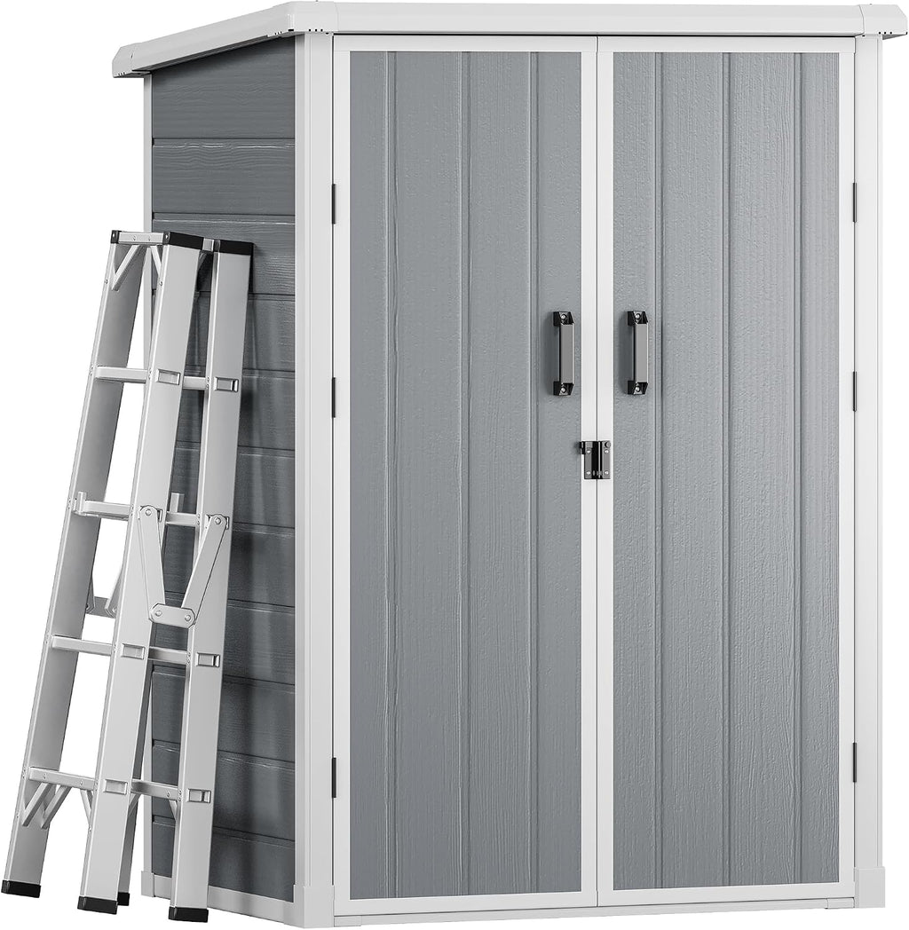 DWVO 5X3FT Outdoor Vertical Storage Shed with 2 Shelves, 60 Cu Ft Waterproof Resin Garden Shed with Floor & Lockable Door, Plastic Tall Tool Cabinet for Garbage Can, Lawn Garden Supplies, Gray