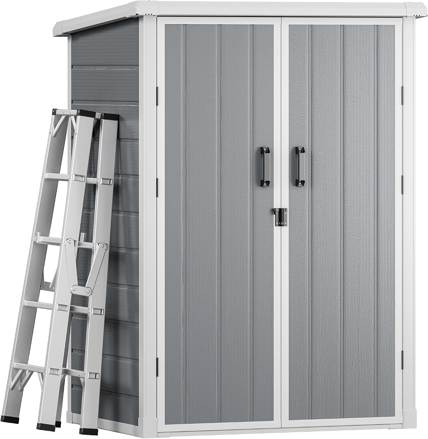 DWVO 5X3FT Outdoor Vertical Storage Shed with 2 Shelves, 60 Cu Ft Waterproof Resin Garden Shed with Floor & Lockable Door, Plastic Tall Tool Cabinet for Garbage Can, Lawn Garden Supplies, Gray