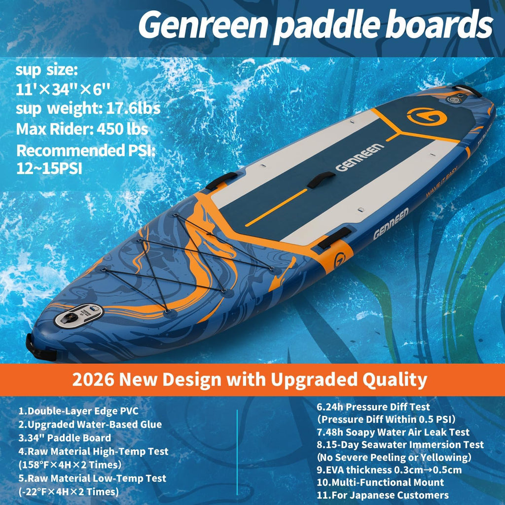 Paddle Board Stand up Paddle Board (Extra Large 11'*33/34') Newly Improved 2 Side Layers 450LBS Quality Inspection×5 (All-Season for JP customers) paddleboards Fishing Family Pet Friendly