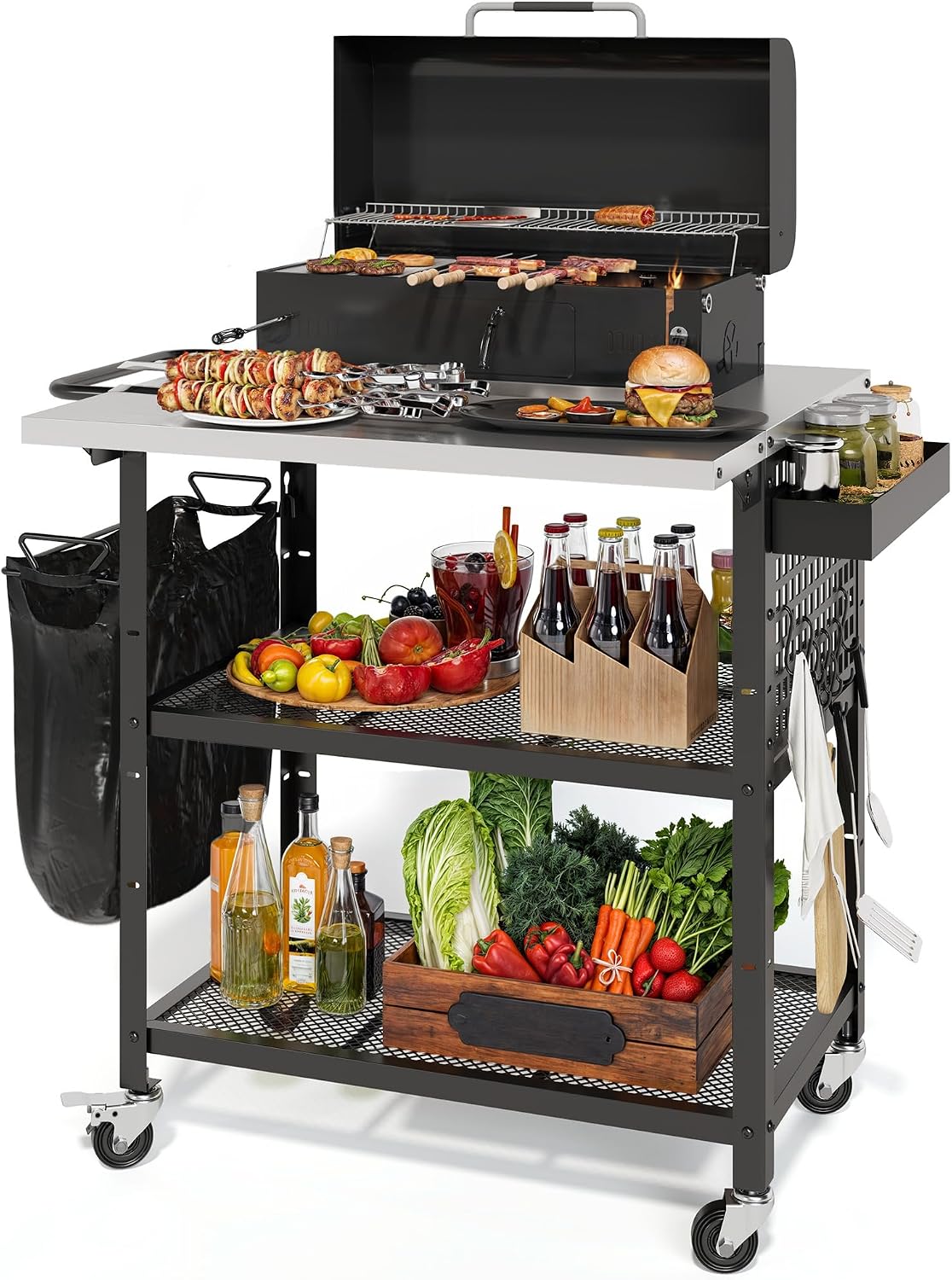 YITAHOME Outdoor Grill Cart Pizza Oven Table with Stainless Steel Top and Drop Leaf, Outdoor Grill Table with Adjustable Three-Tier Shelf and Spice Rack, Movable Bar Table for Patio, Garden, BBQ