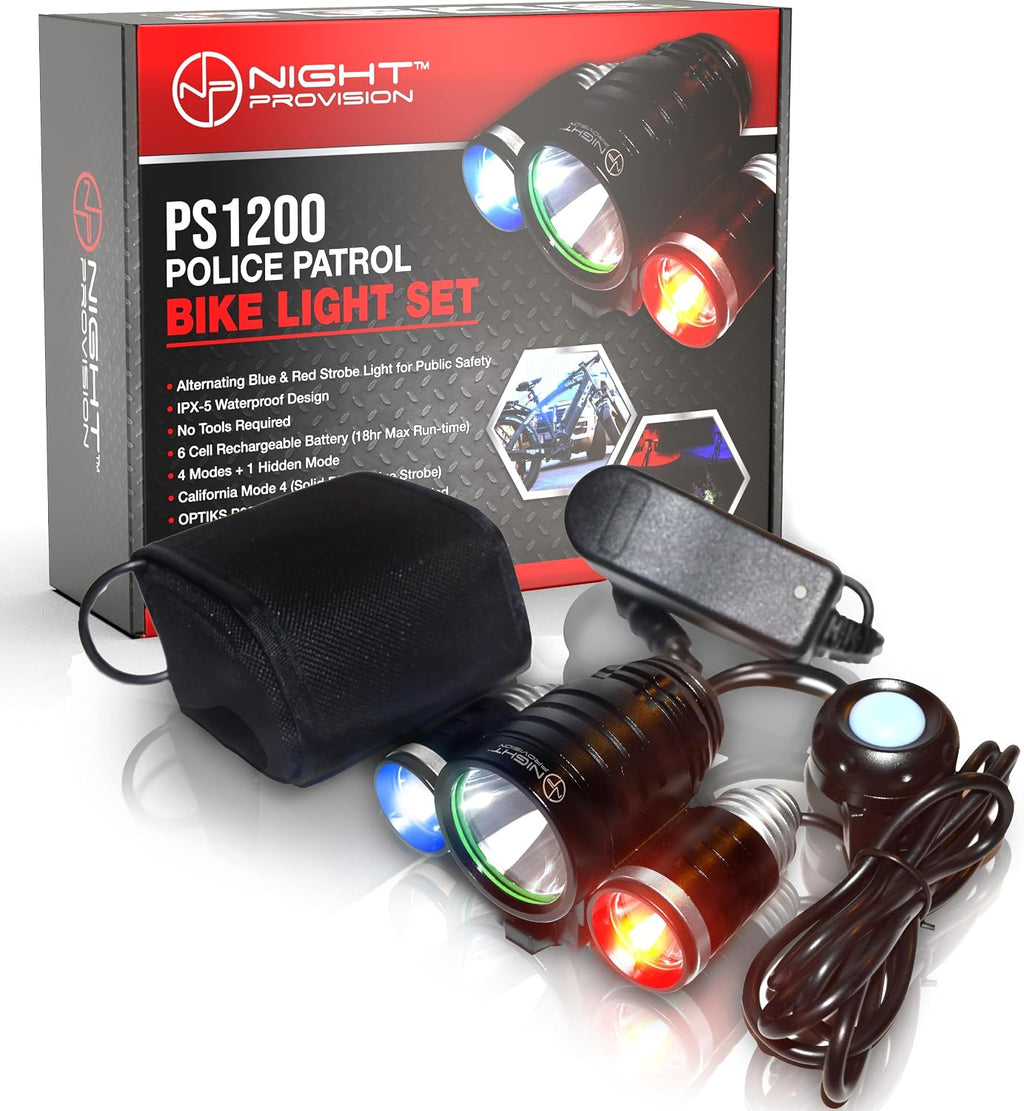 PS1200 Police Patrol Bike Light Set - Red/Blue Strobe LED - Rechargeable 18 Hr Max - Water Proof - 5 Modes - Heavy Duty Bicycle Lights for Professional Use