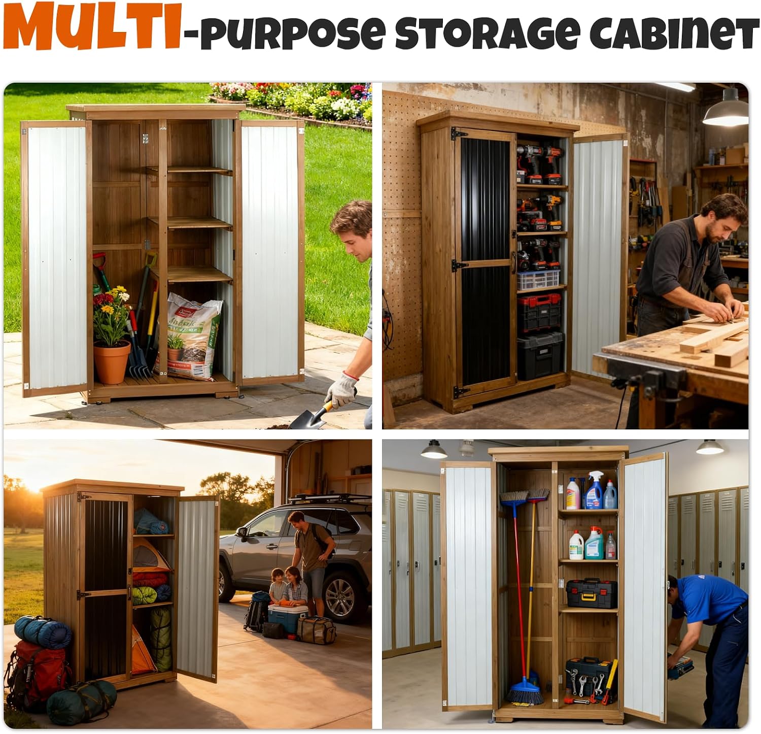 Outdoor Storage Cabinet with Shelves, Wood & Metal Storage Shed with Weatherproof Roof, Lockable Doors, Adjustable Feet, Outside Storage Cabinet for Garage, Patio (15.6' D x 32.3' W x 65.8' H)