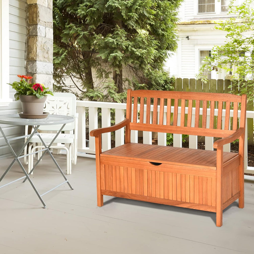 Giantex Wooden Outdoor Bench, Outside Deck Box with Seating, 800 lbs Capacity, Dustproof Liner, Wood Storage Loveseat for Pool Front Porch Garden Lawn Decor, Eucalyptus Patio Bench