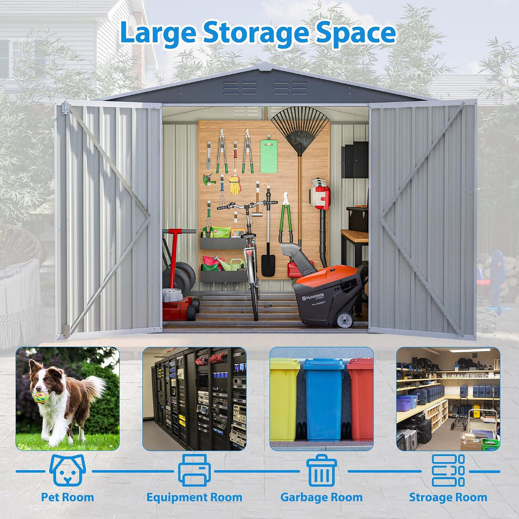 6x8 FT Outdoor Storage Shed, Metal Garden Shed with Frame Floor, Outside Tool Shed with Lockable Hinged Doors, Waterproof Storage Building with Sloped Roof for Backyard, Patio, Lawn, Gray