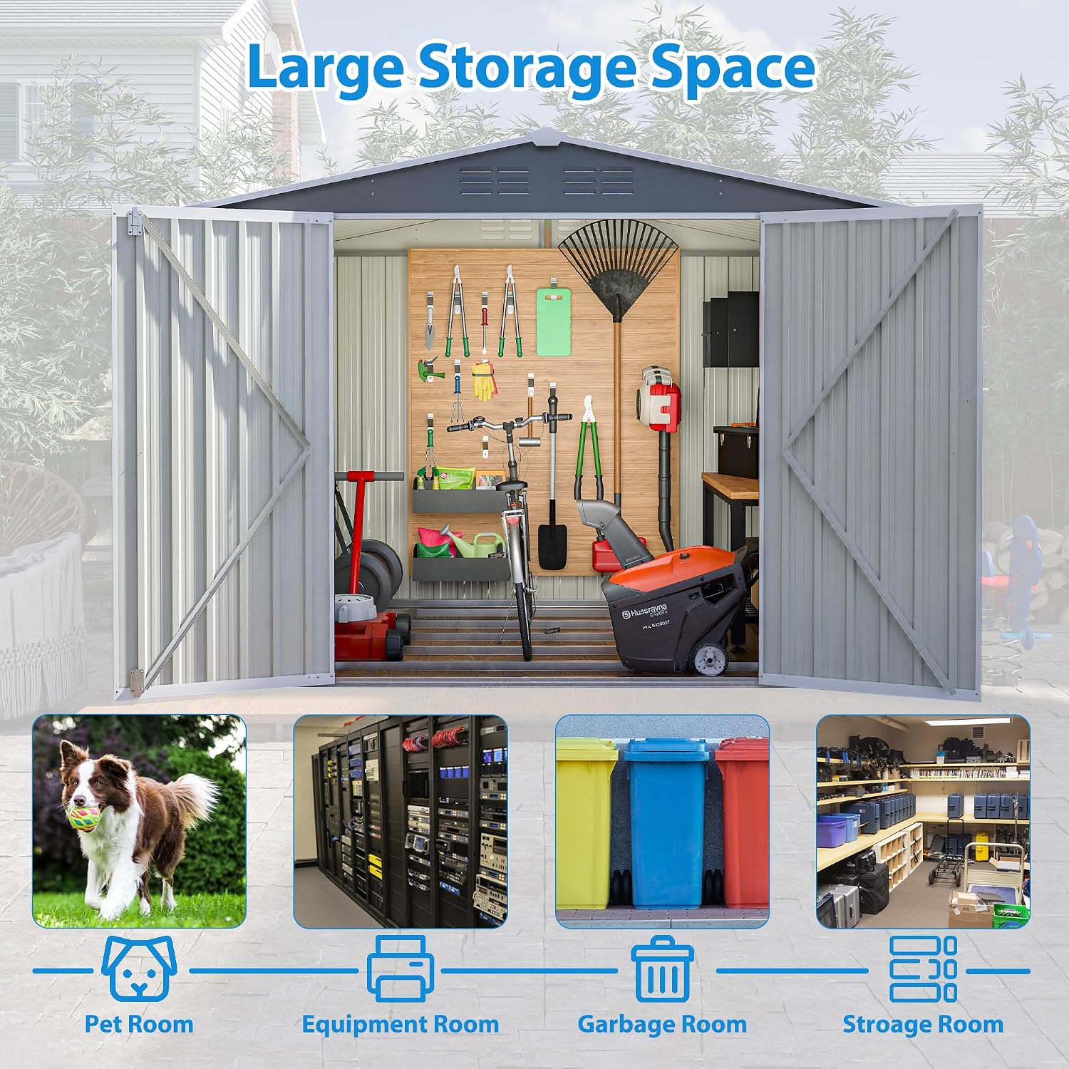 6x8 FT Outdoor Storage Shed, Metal Garden Shed with Frame Floor, Outside Tool Shed with Lockable Hinged Doors, Waterproof Storage Building with Sloped Roof for Backyard, Patio, Lawn, Gray