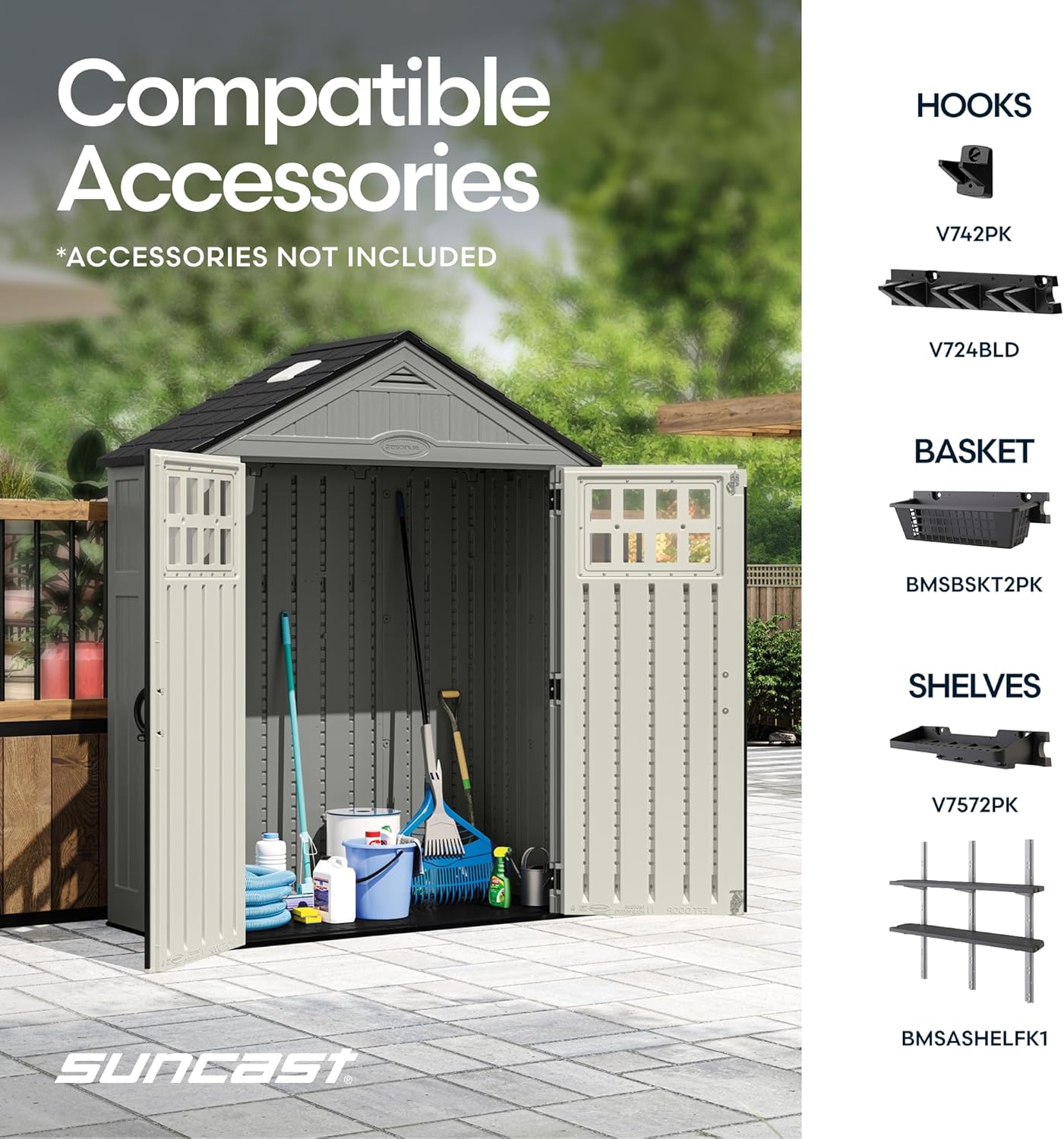Suncast Everett 6x3 ft Vertical Storage Shed - Resin Outdoor Garden Shed with Floor, Windows, Skylight & Lockable Double Doors. Slim Yard Storage for Utility Tools & Backyard Equipment