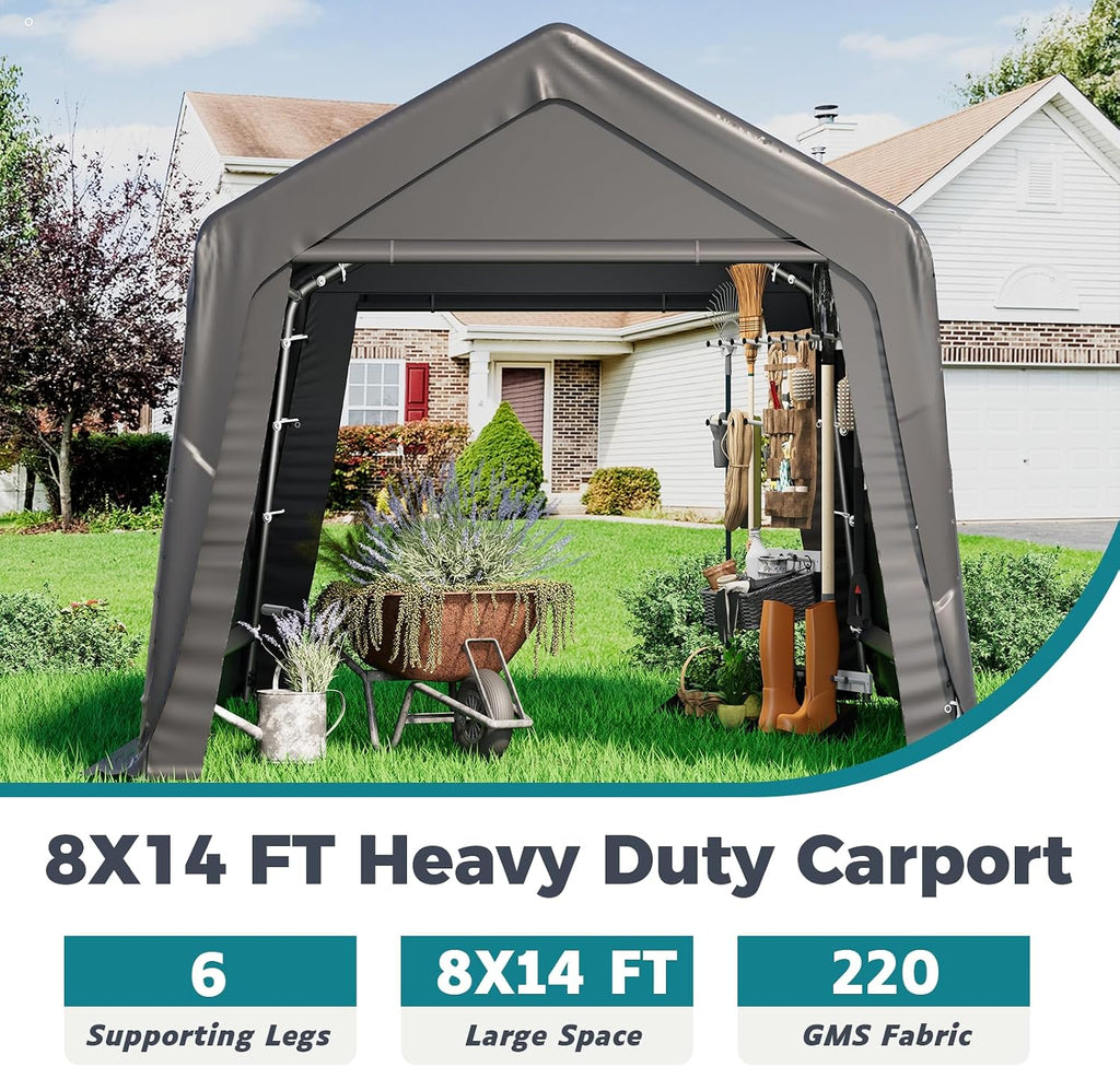 EROMMY 8x14 FT Heavy Duty Carport with All-Steel Metal Frame, Portable Garage with Reinforced Base, All-Season Car Canopy for Car, Boat, Truck