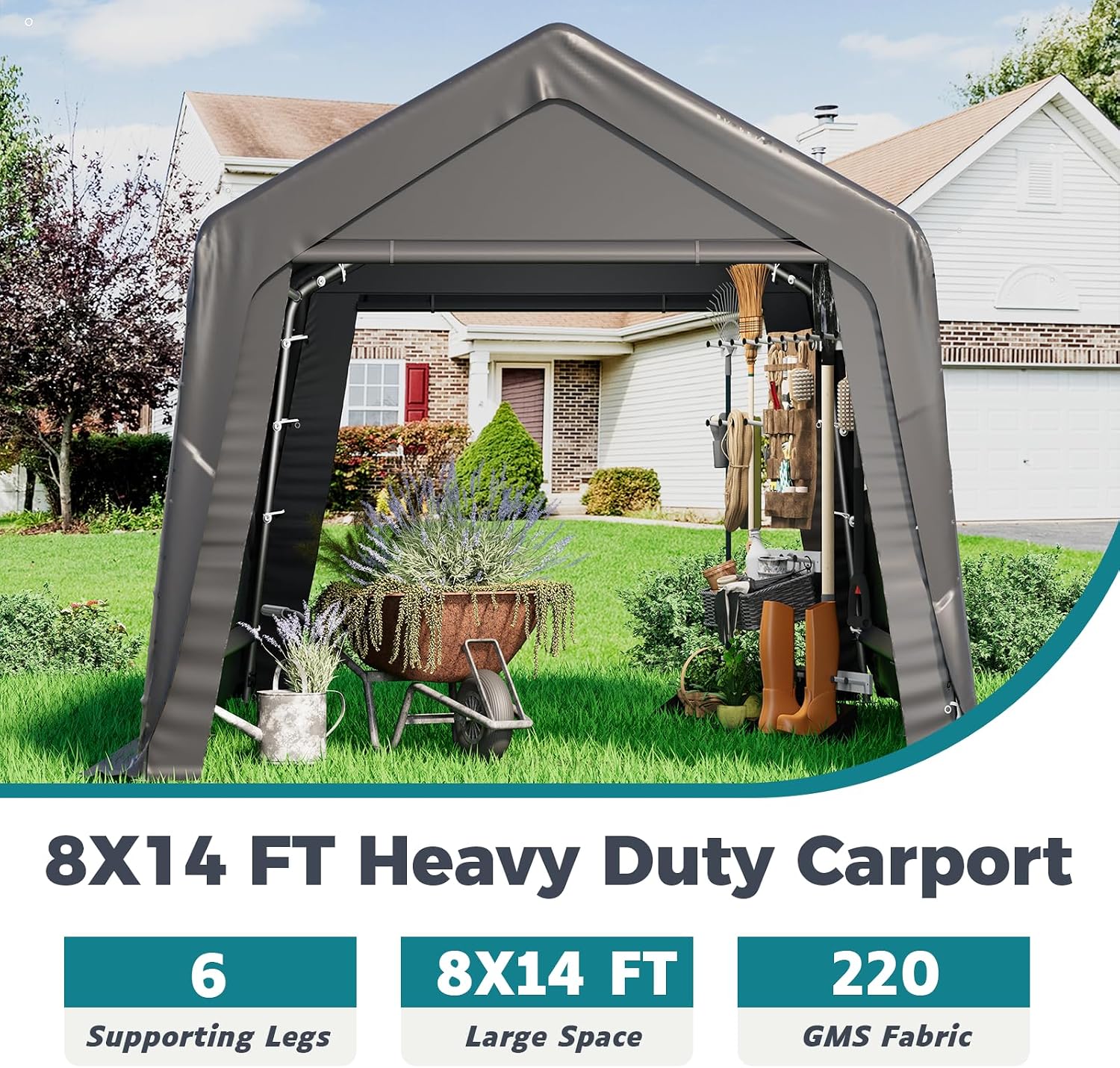 EROMMY 8x14 FT Heavy Duty Carport with All-Steel Metal Frame, Portable Garage with Reinforced Base, All-Season Car Canopy for Car, Boat, Truck