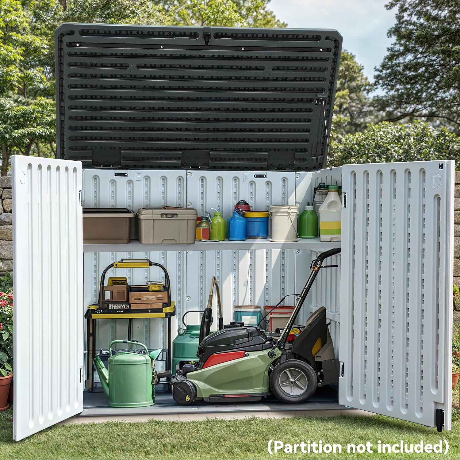YITAHOME Large Outdoor Horizontal Storage Shed, 47 cu ft Resin Tool Shed w/o Shelf, Outdoor Waterproof Storage with Floor for Trash Cans, Garden Tools, Lawn Mower, Lockable, 4.5x2.8x3.9 ft, Light Gray