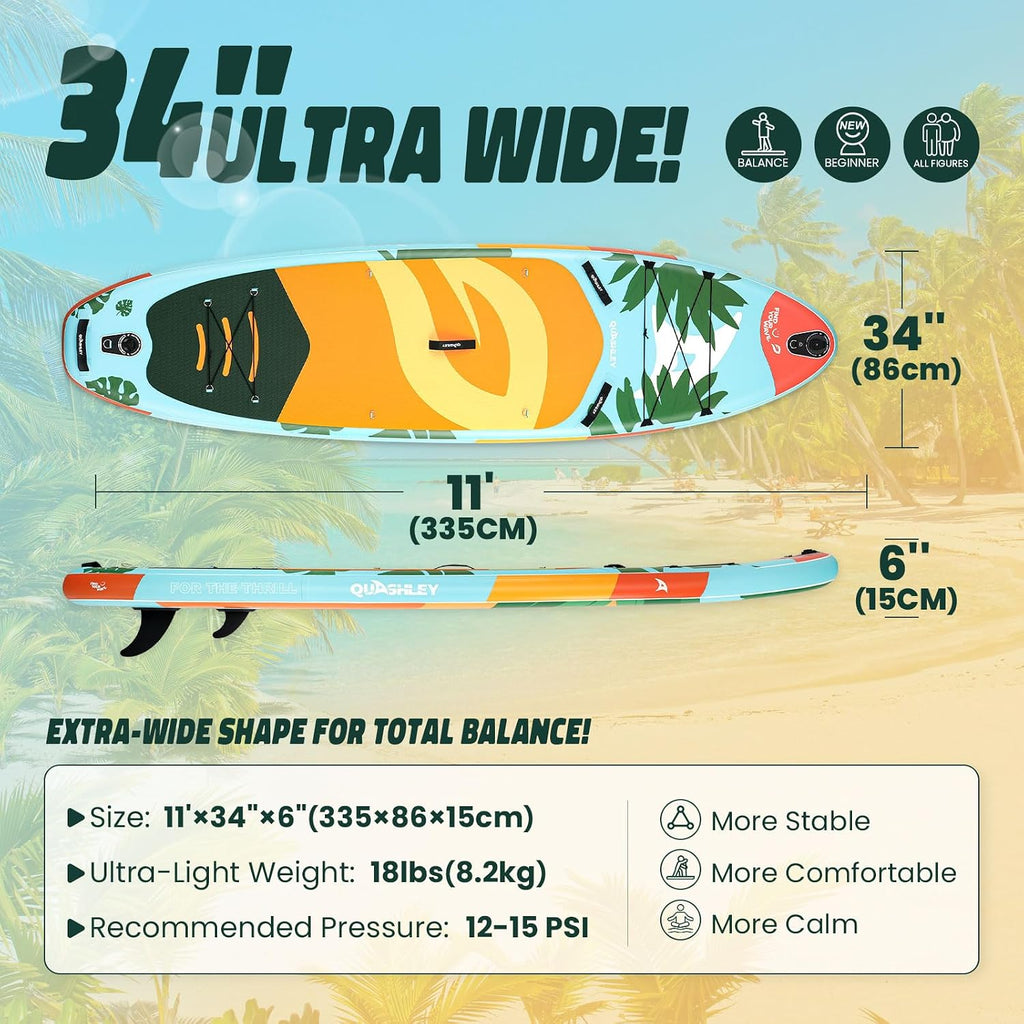 Quashley Inflatable Paddle Board Extra Wide Stand Up Paddleboards 11'×34' with All Premium Paddle Board Accessories,Inflatable SUP for Adults/Family,Beginner-Friendly,Removable Fin,Hand Pump
