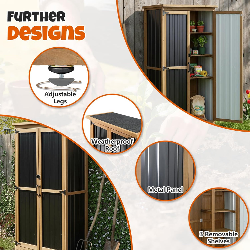 Outdoor Storage Cabinet with Shelves, Wood & Metal Storage Shed with Weatherproof Roof, Lockable Doors, Adjustable Feet, Outside Storage Cabinet for Garage, Patio (15.6' D x 32.3' W x 65.8' H)