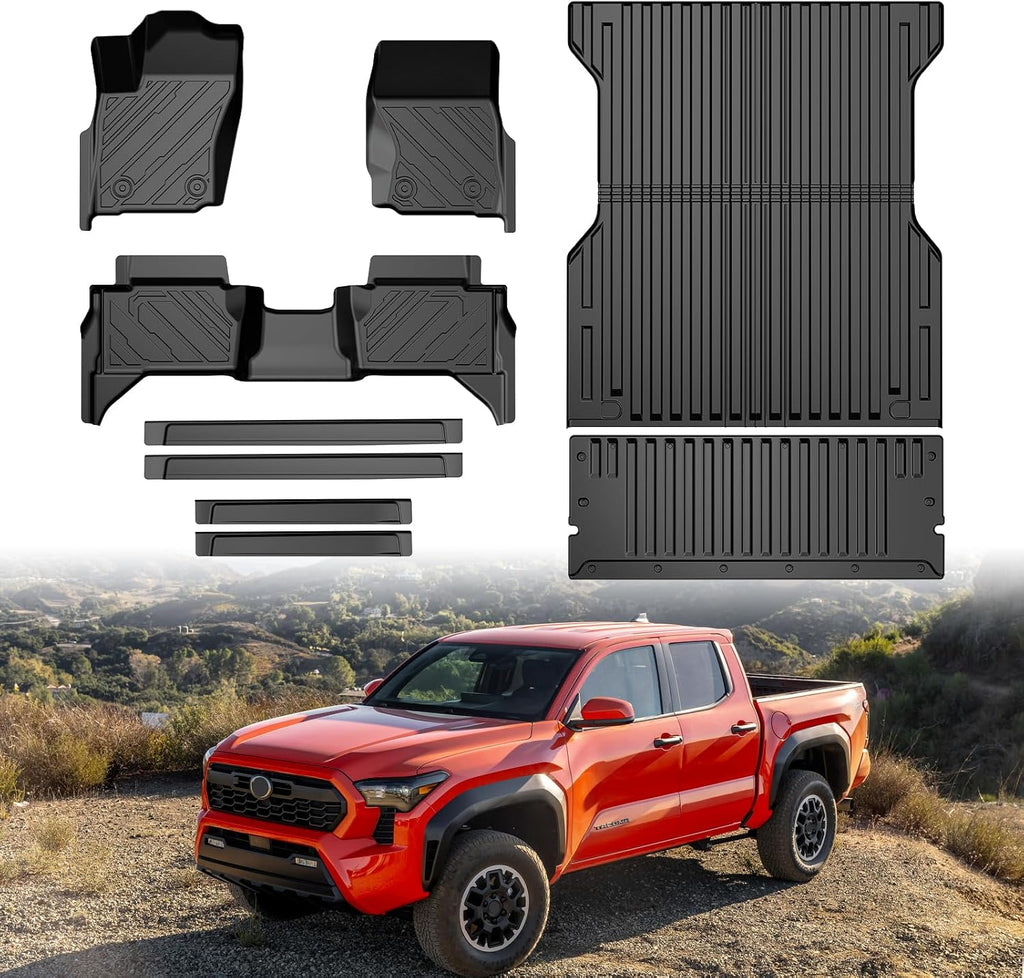 Mixsuper Floor Mat & Bed Mat for Toyota Tacoma Double Cab Auto Tran 2024-2026 (Not fit Hybrid),All Weather TPE Floor mat with Door Sill Guards Tacoma Accessories,Anti-Slip Floor Liners Set Black