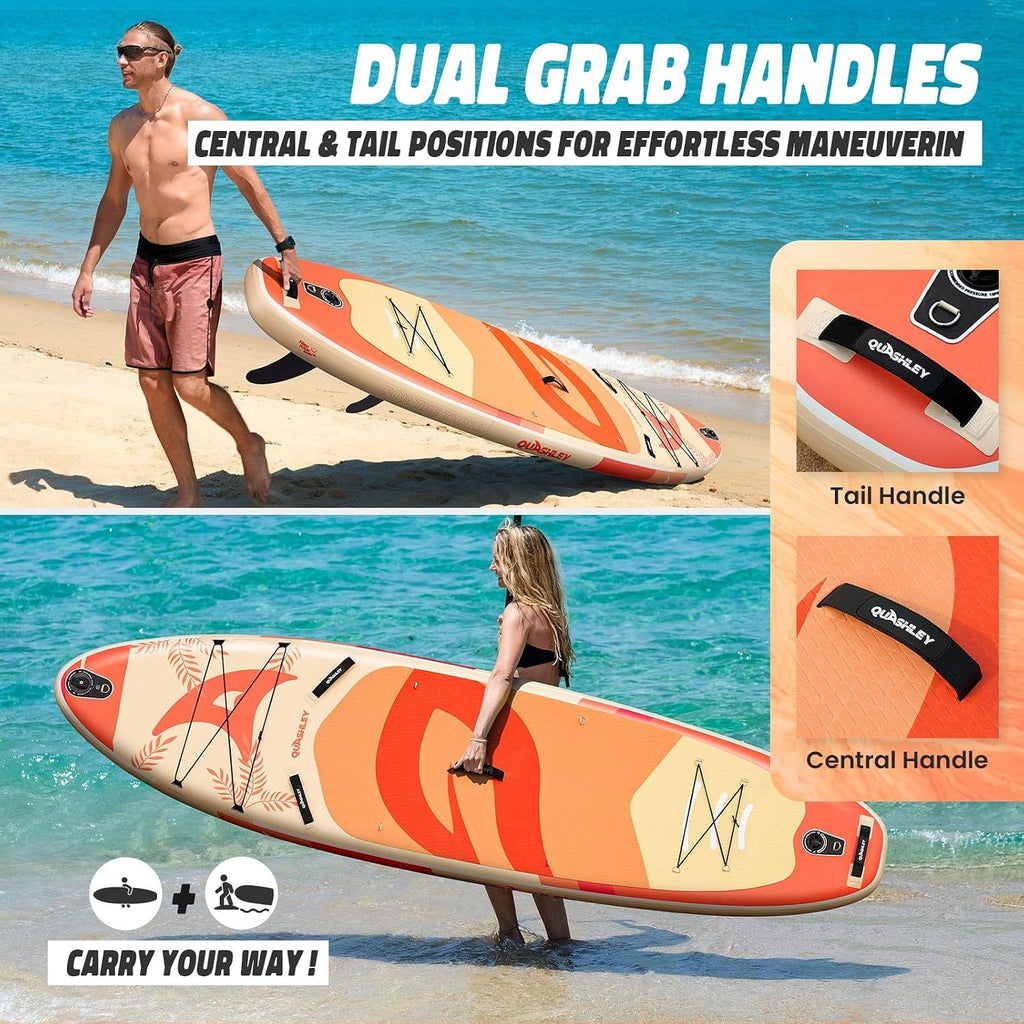 Quashley Inflatable Paddle Board Extra Wide Stand Up Paddleboards 11'×34' with All Premium Paddle Board Accessories,Inflatable SUP for Adults/Family,Beginner-Friendly,Removable Fin,Hand Pump