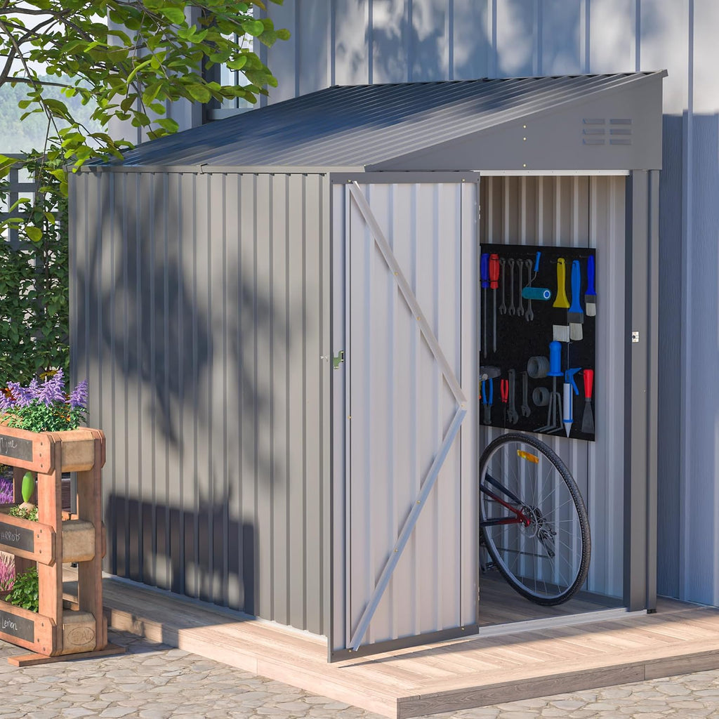 YOPTO 4x7 FT Outdoor Storage Shed,Lean to Lockable Metal Garden Shed Steel with Reinforced Beams,All Weather Waterproof Storage House W/Lockable Door,for Backyard,Patio,Lawn,Garden,Dark Gray