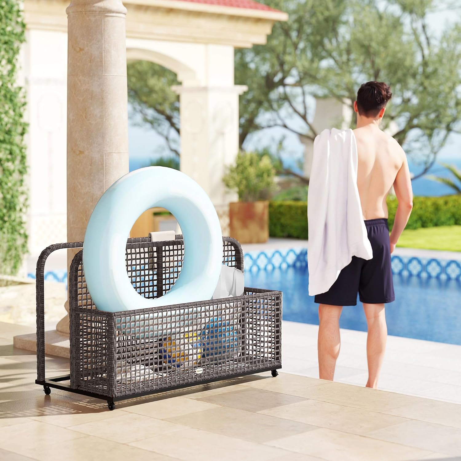 Outsunny Patio Wicker Pool Float Storage with Wheels, Outdoor Rolling PE Rattan Pool Caddy, Includes Compartment and Basket, for Pool, Garden, Deck, Light Gray