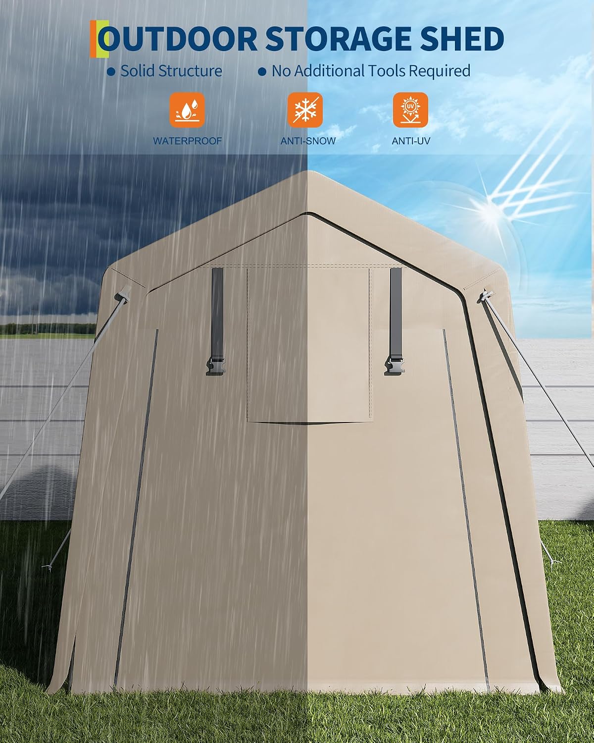 GarveeHome 6x6 FT Portable Outdoor Storage Shed with Roll-Up Zipper Door & Vent, 240G Heavy-Duty Shelter Waterproof PE Tarp, UV-Resistant Carport for Motorcycle, Firewood, Tools -Gray (Khaki, 6x8)