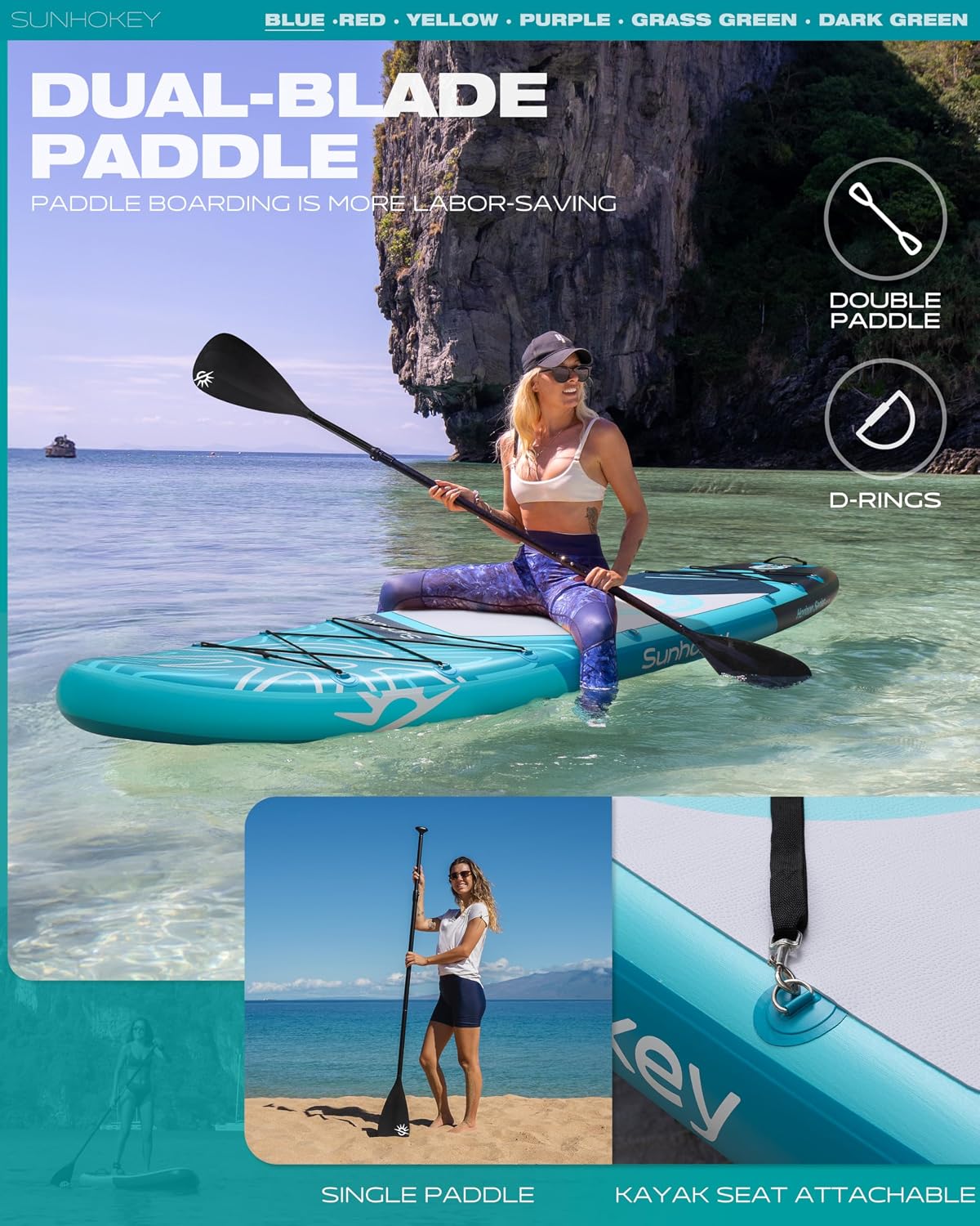 11'×34'' Extra Wide Inflatable Paddle Board with Seam Welded Technology, Stand Up Paddle Board, 420lb Capacity for Adults, Sup Board for All-Level with 2-Blade Paddle/Dual-Action Pump/Leash