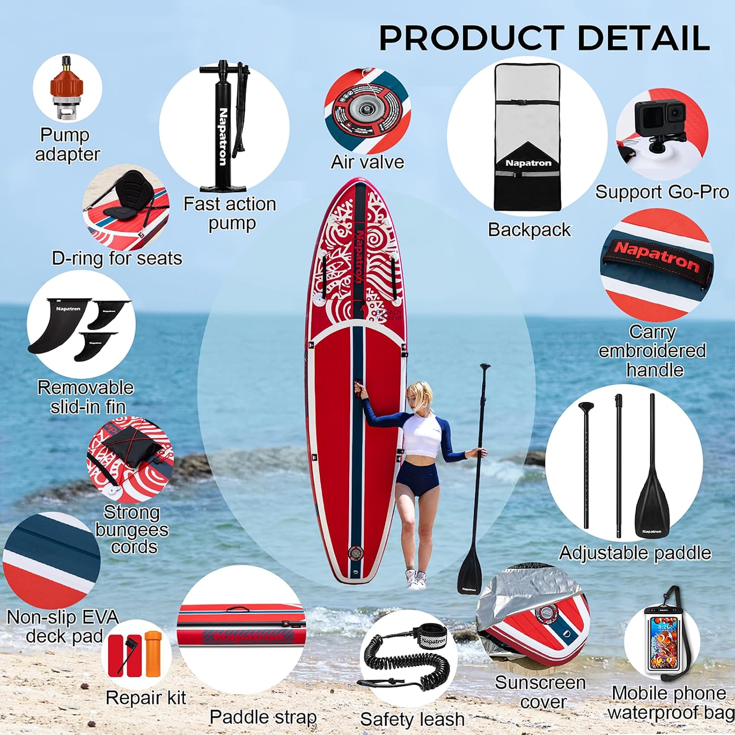 Napatron Inflatable Paddle Board, 10'6' Ultra Lightweight SUP with Adjustable Paddle, Anti-Slip Deck,Coiled Leash & Carry Bag,Stable All-Around Stand Up Paddle Board for Adults