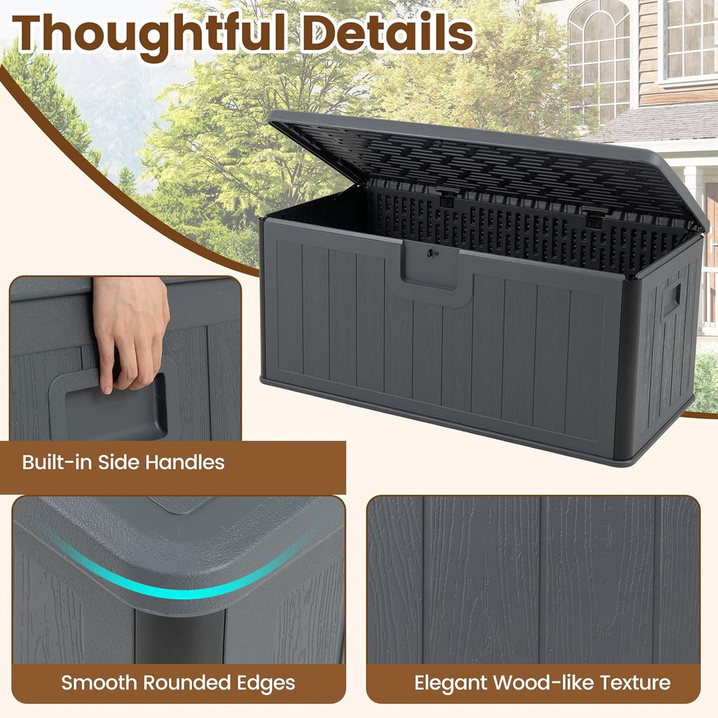 Giantex 100 Gallon Deck Box, Waterproof Resin Box with Lockable Lid, 440Lbs Outdoor HDPE Storage Container Bench for Patio Furniture Cushions, Pool Tools & Garden Accessories (Grey)