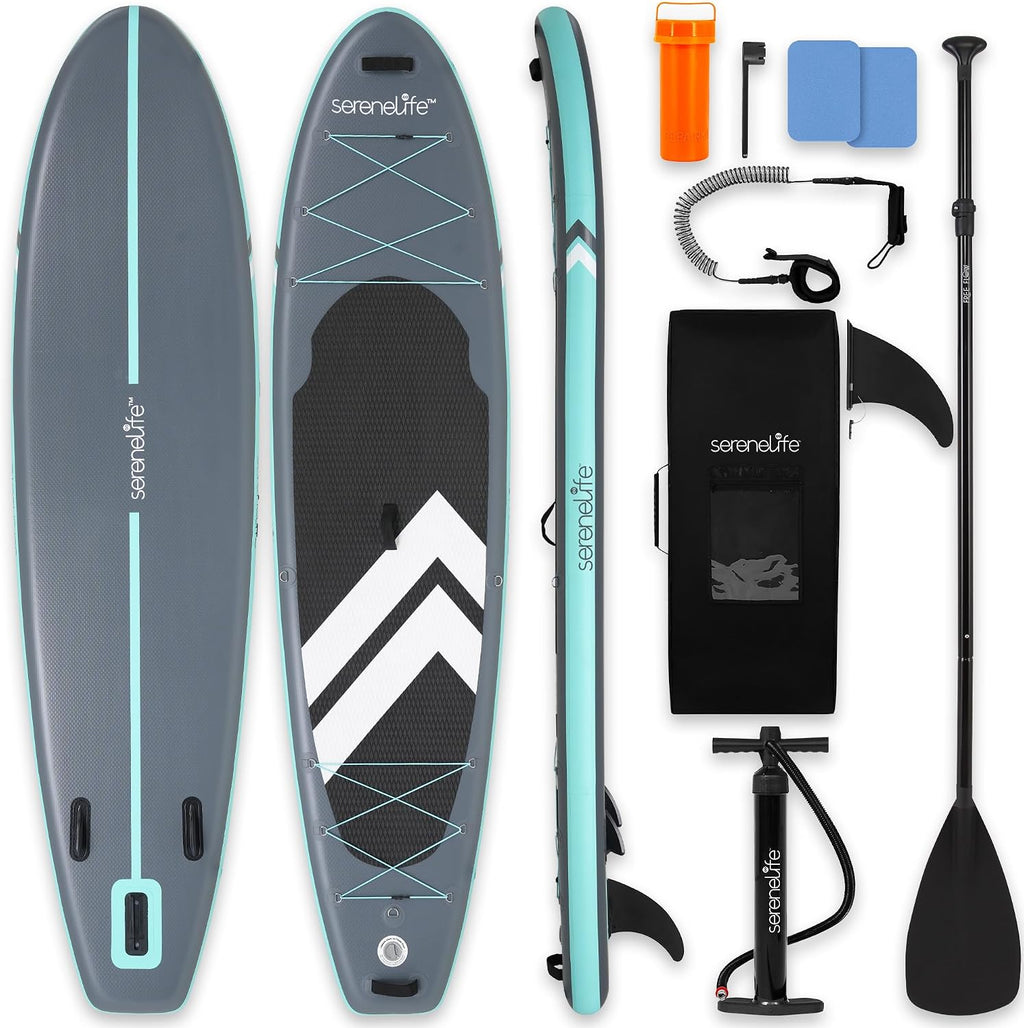SereneLife Ultra-Light Inflatable Stand Up Paddle Board with Premium SUP Accessories - Extra Wide Stable Design with Non-Slip EVA Deck Pad for Youth and Adults of All Skill Levels - 350 lbs Capacity