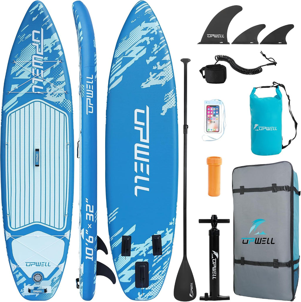 UPWELL 11'6'/11'2'/11'/10'8'/10'6'/10'2' Inflatable Stand Up Paddle Board with sup Accessories Including Backpack, Repairing Kits, Non-Slip Deck, Leash, 3 Fins, Paddle and Hand Pump