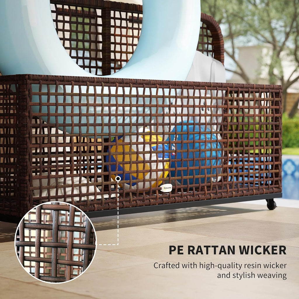 Outsunny Patio Wicker Pool Float Storage with Wheels, Outdoor Rolling PE Rattan Pool Caddy, Includes Compartment and Basket, for Pool, Garden, Deck, Brown