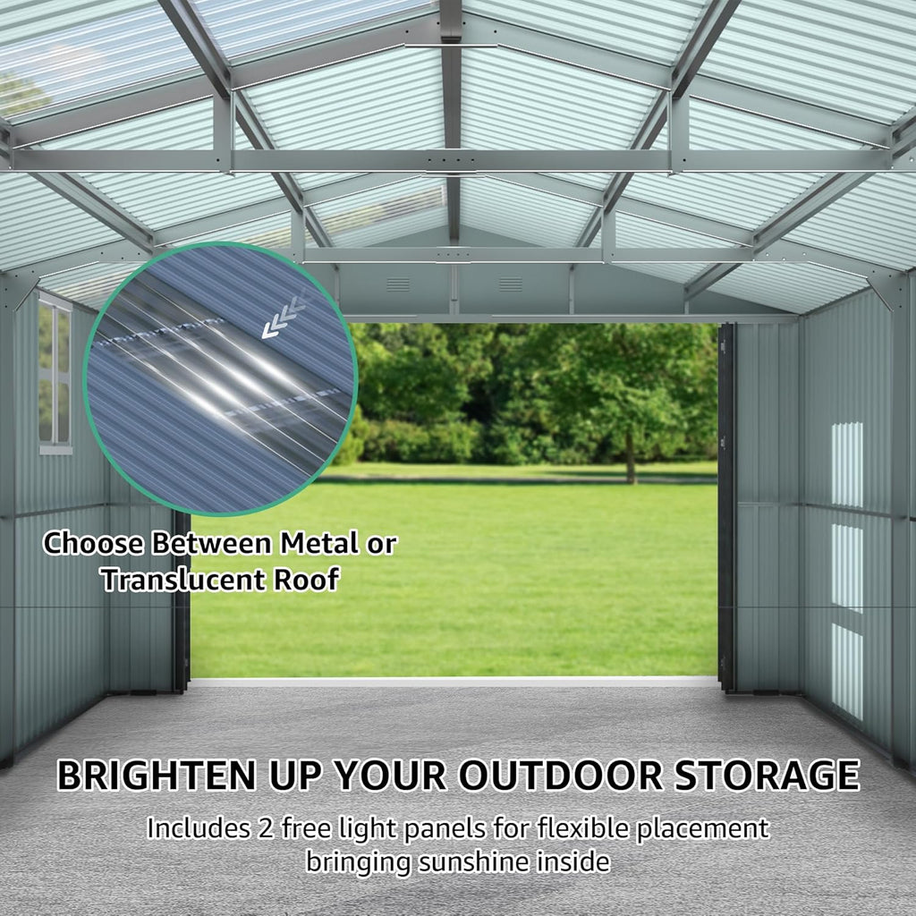 KUIKUI Sheds & Outdoor Storage 13x20ft Upgrade, Heavy Duty Outdoor Storage Shed with 2 Windows and 2 Translucent Roof for Car and Tools