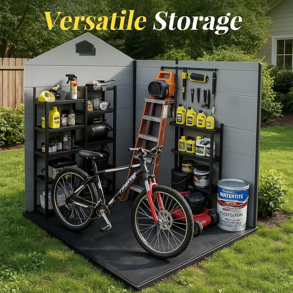 8x6 FT Resin Storage Shed with Floor, Outdoor Lockable Garden Shed with Windows & Vents, Large Backyard Storage for Tools Bikes (Black Grey)